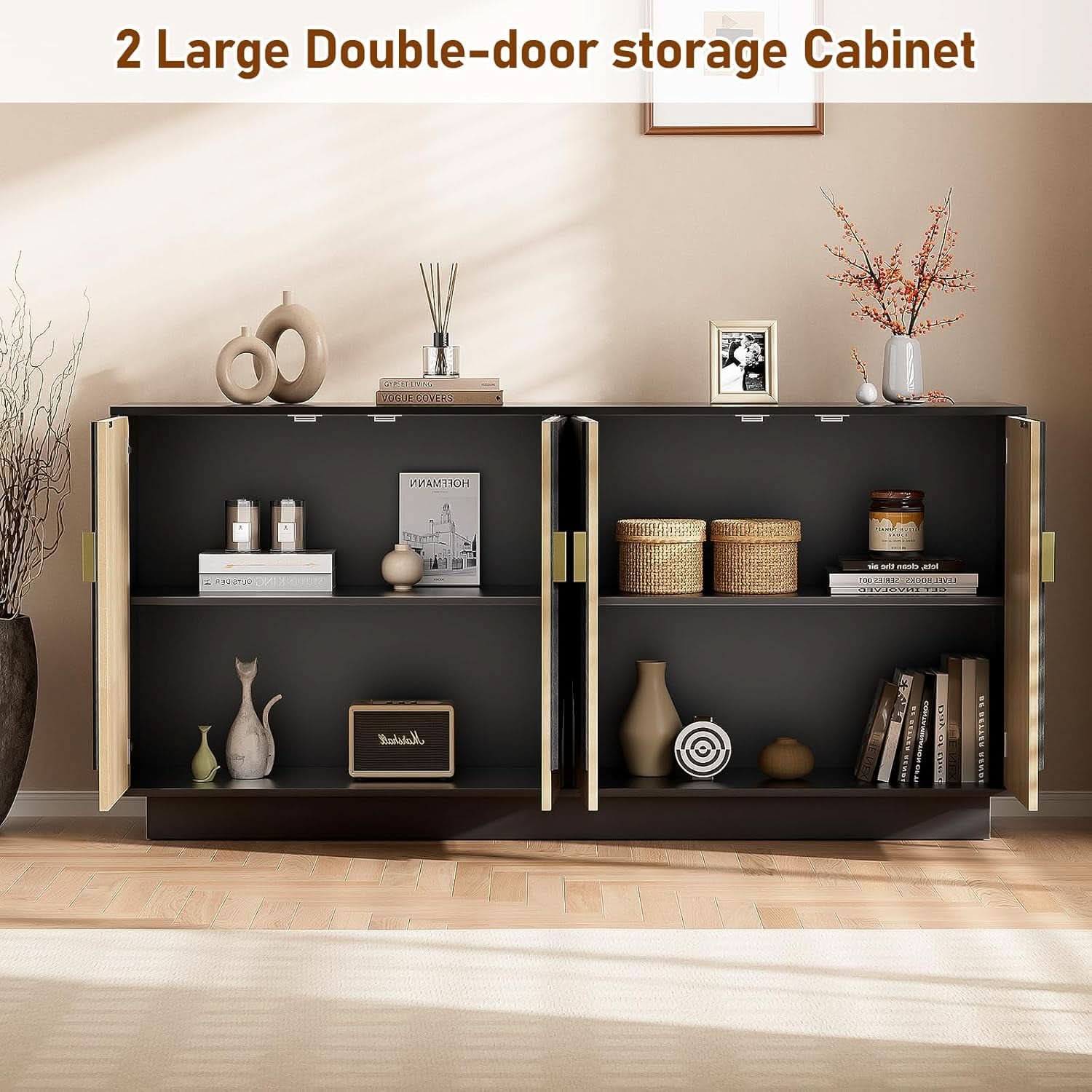 63 Inch Camel Black Buffet Cabinet For Dining Room