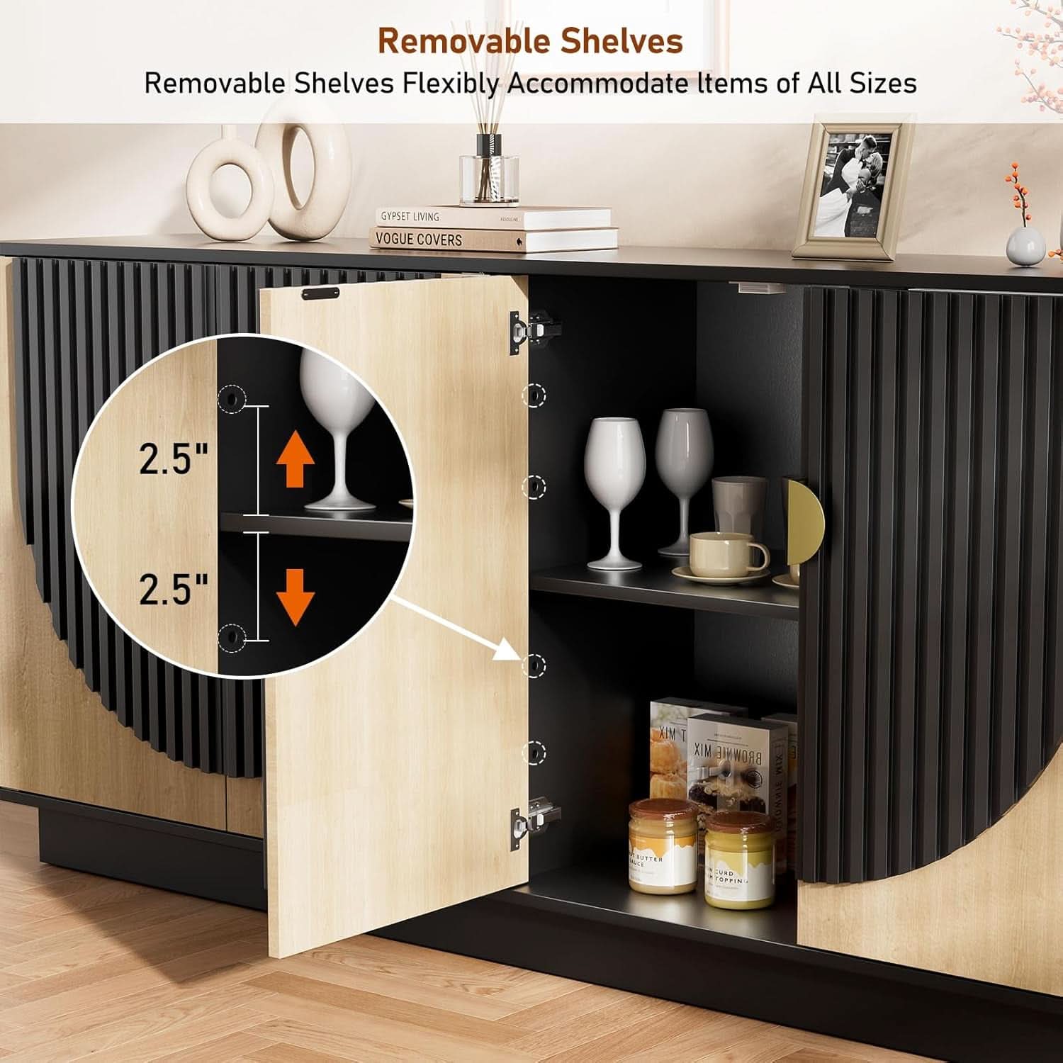 63 Inch Camel Black Buffet Cabinet For Dining Room
