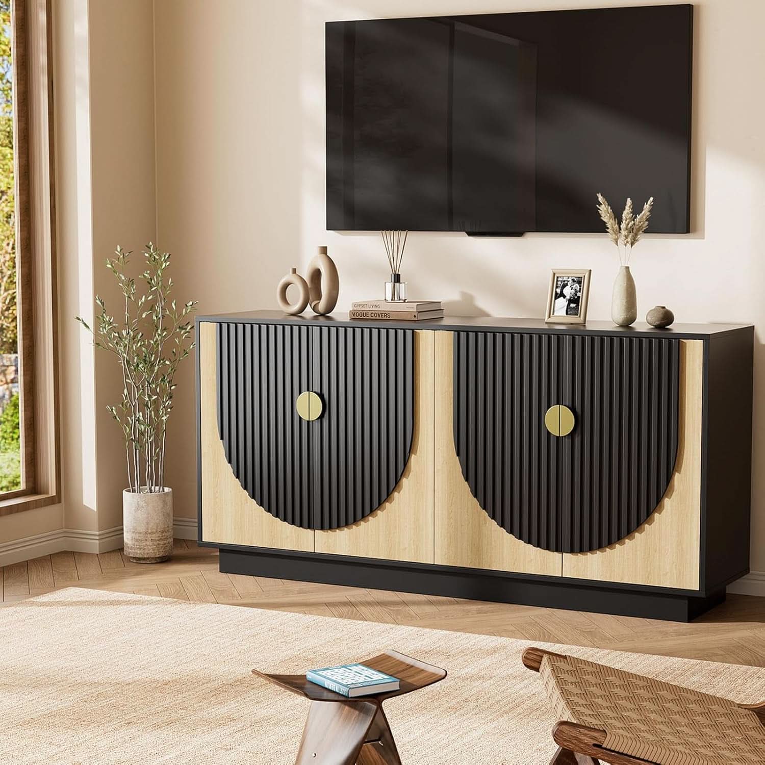 63 Inch Camel Black Buffet Cabinet For Dining Room