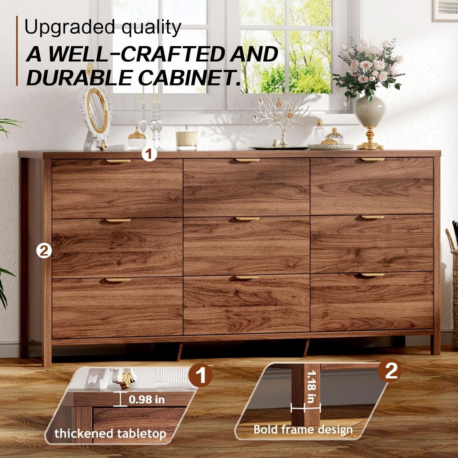 63 Inch Chestnut Dresser With 9 Drawers And Smooth Glides