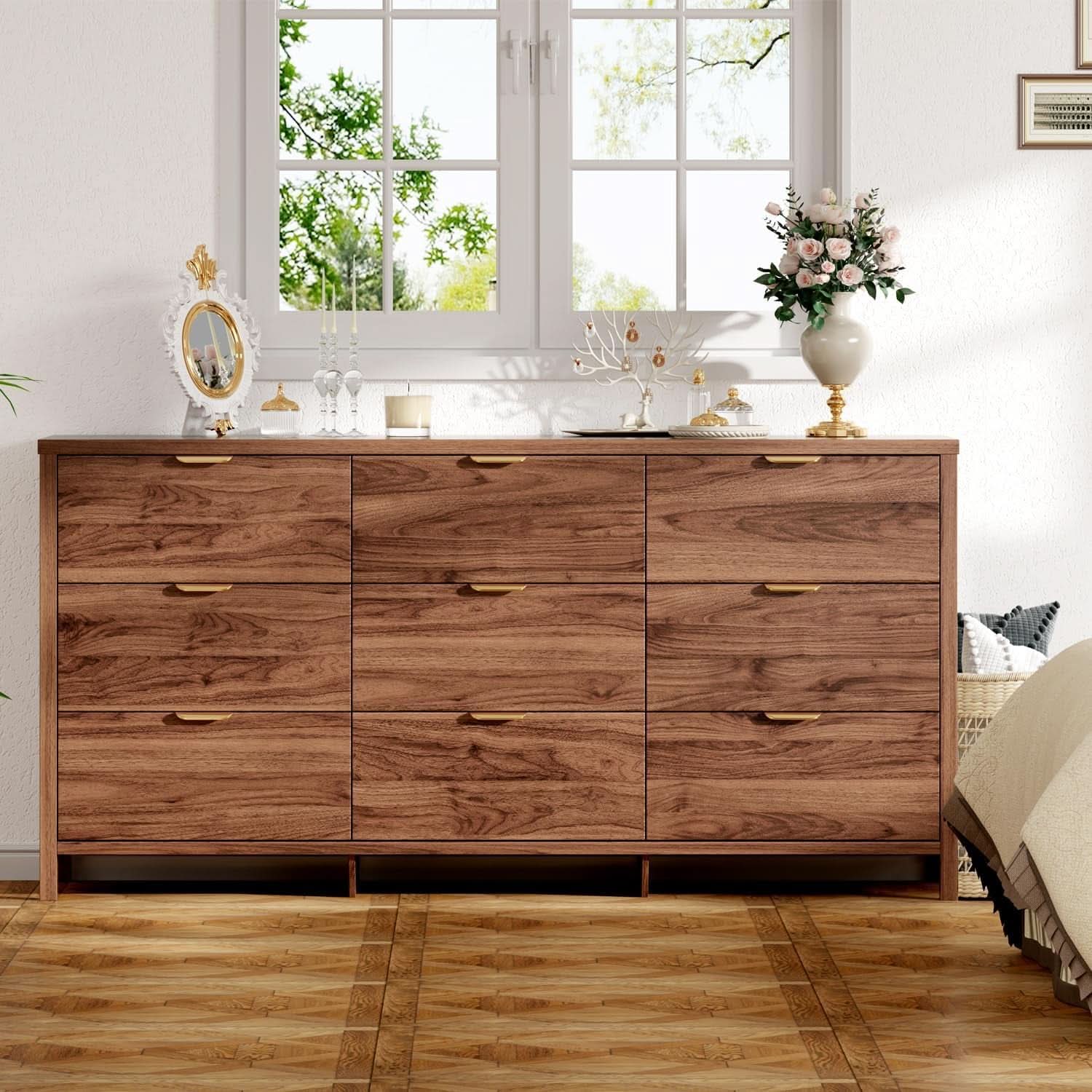 63 Inch Chestnut Dresser With 9 Drawers And Smooth Glides