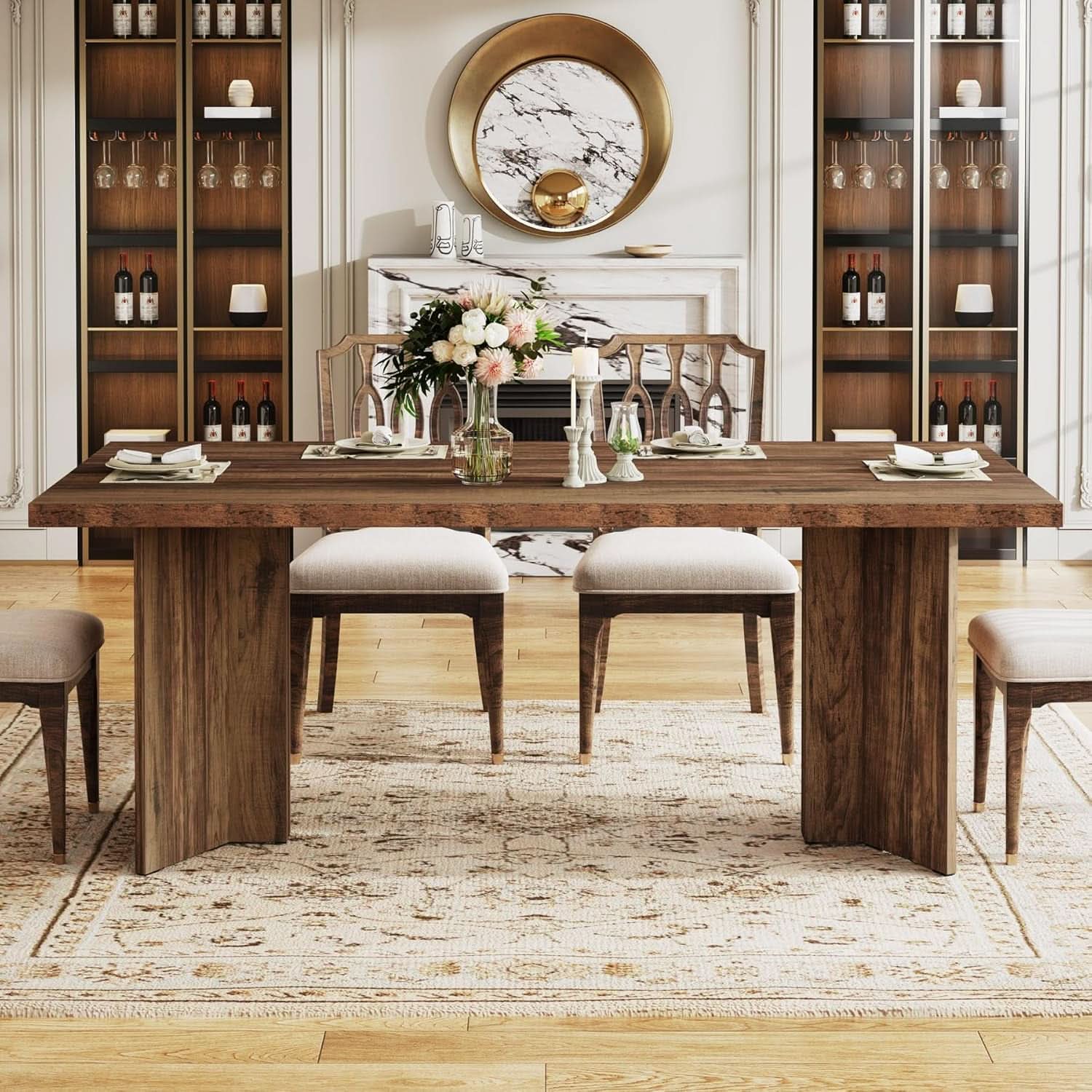 63 Inch Dark Brown Farmhouse Dining Table With Large Tabletop For 4 To 6 People