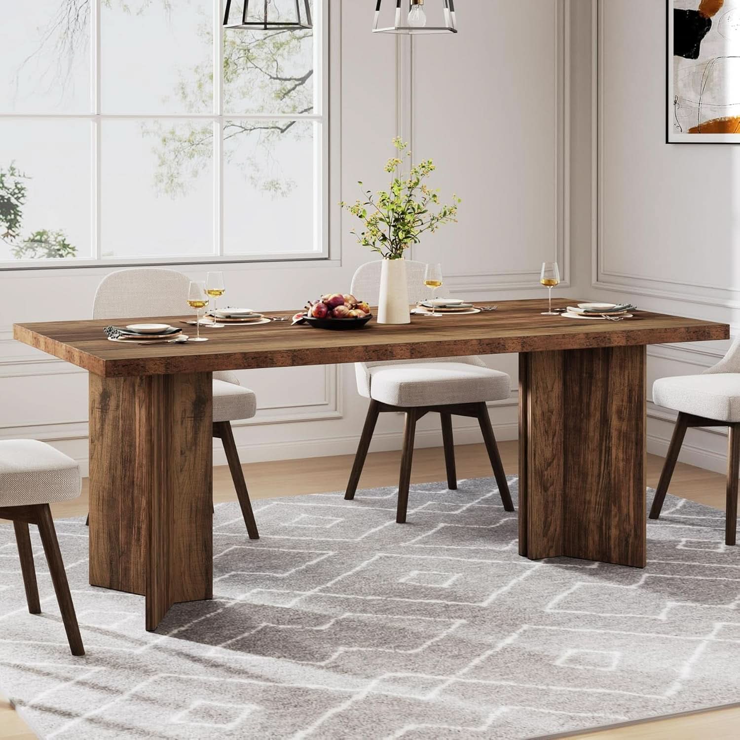 63 Inch Dark Brown Farmhouse Dining Table With Large Tabletop For 4 To 6 People