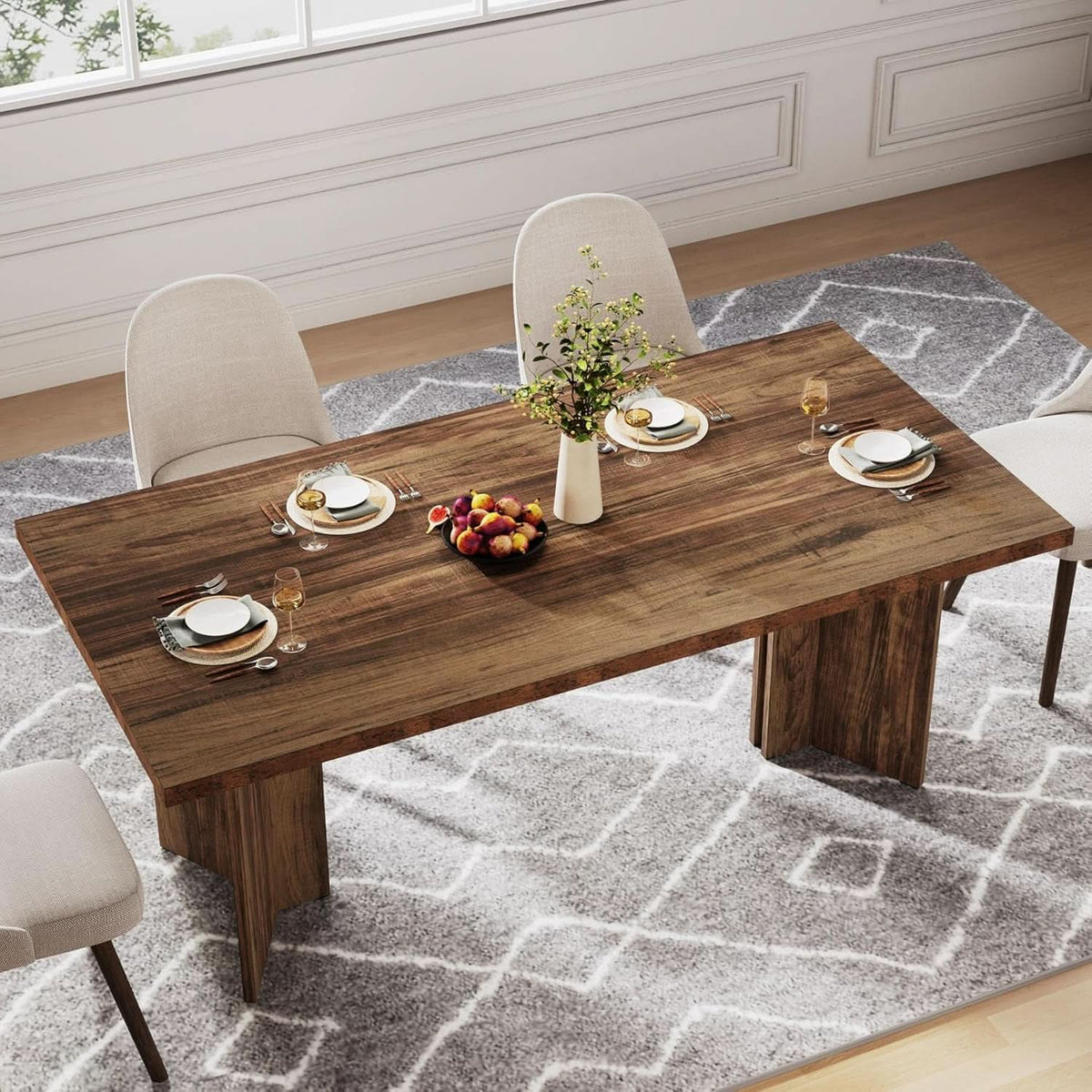 63 Inch Dark Brown Farmhouse Dining Table With Large Tabletop For 4 To 6 People