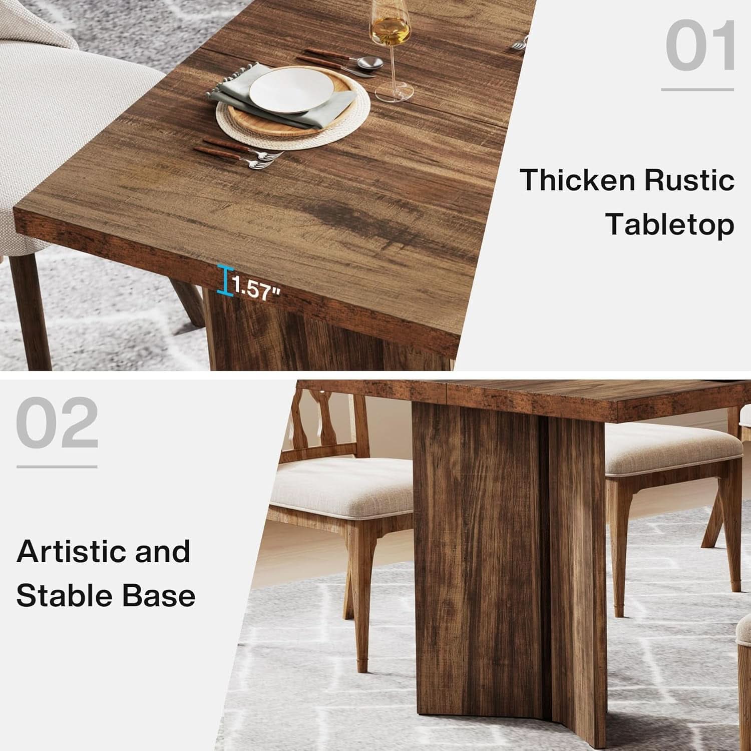 63 Inch Dark Brown Farmhouse Dining Table With Large Tabletop For 4 To 6 People