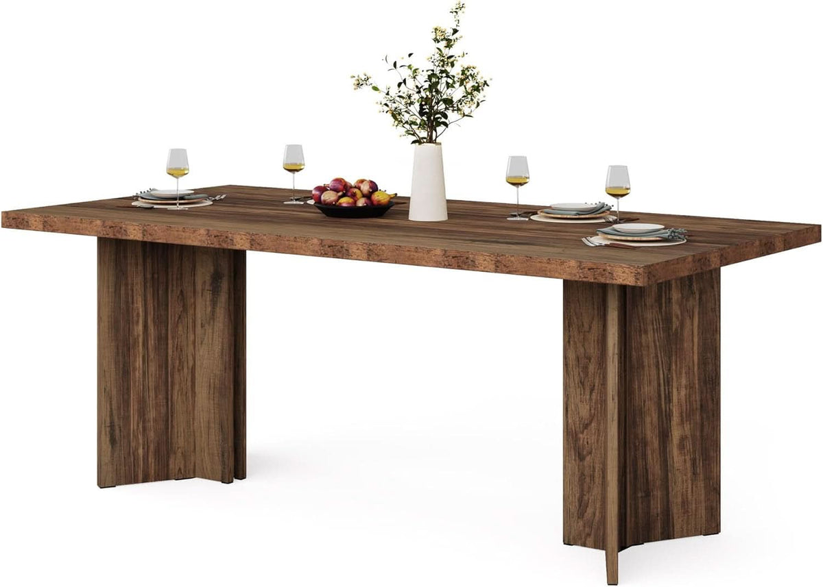 63 Inch Dark Brown Farmhouse Dining Table With Large Tabletop For 4 To 6 People