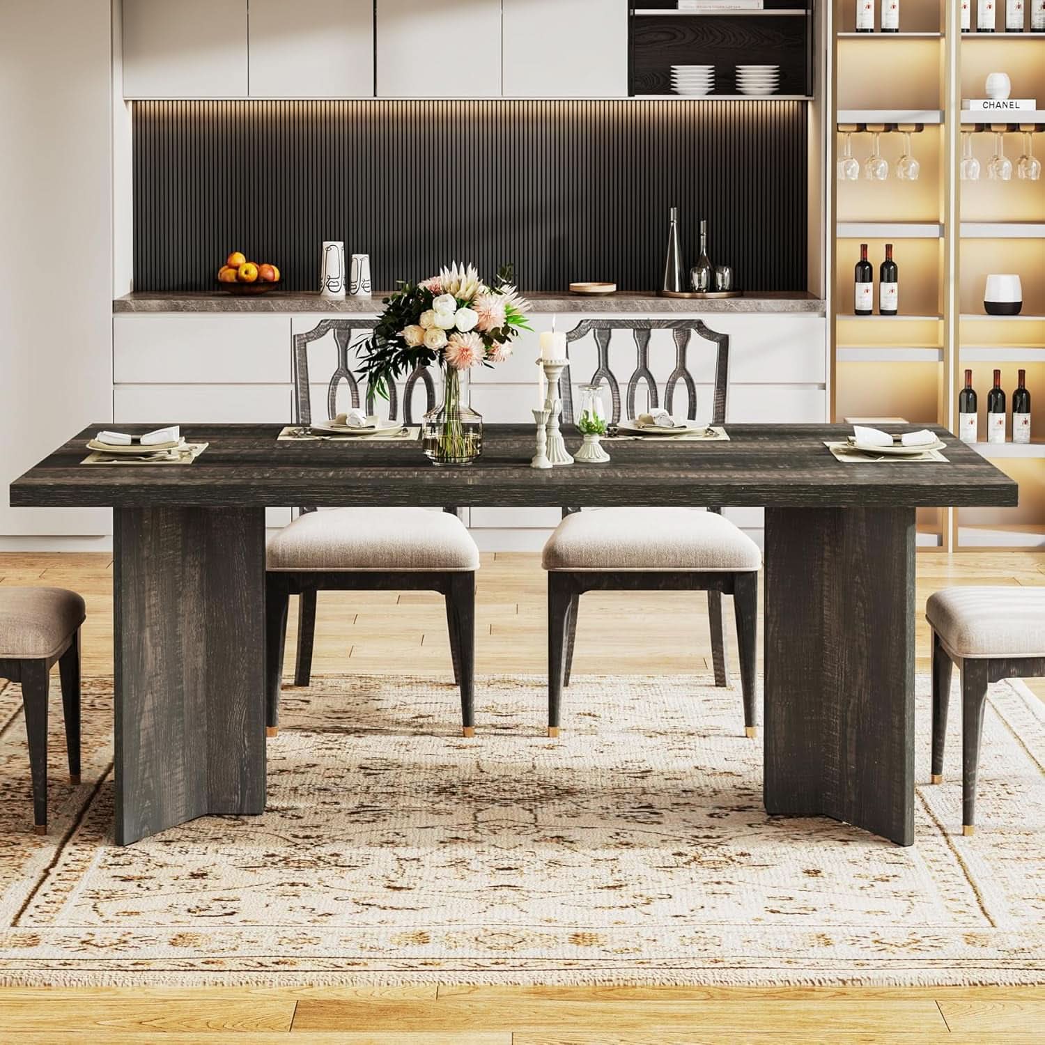 63 Inch Dark Gray Dining Table Farmhouse Rectangular