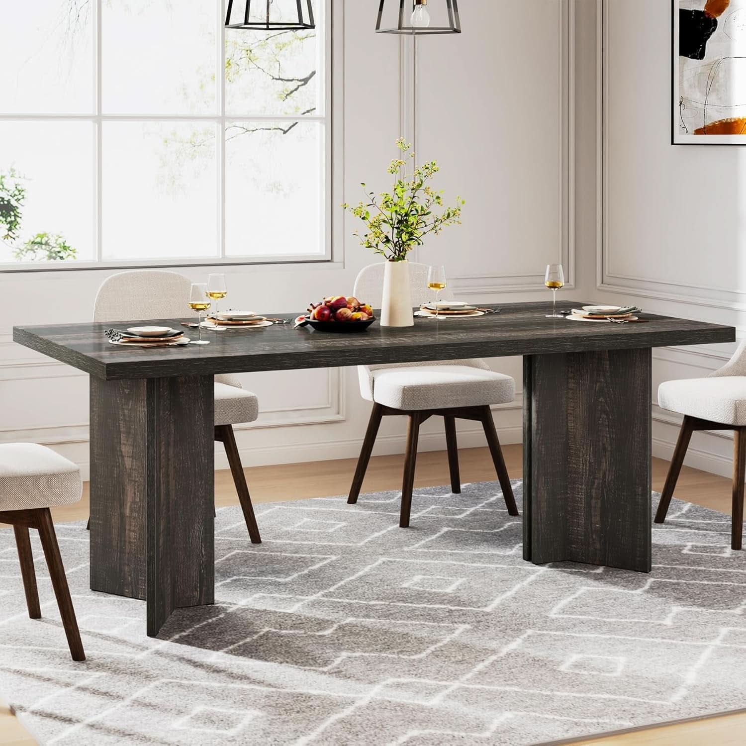 63 Inch Dark Gray Dining Table Farmhouse Rectangular
