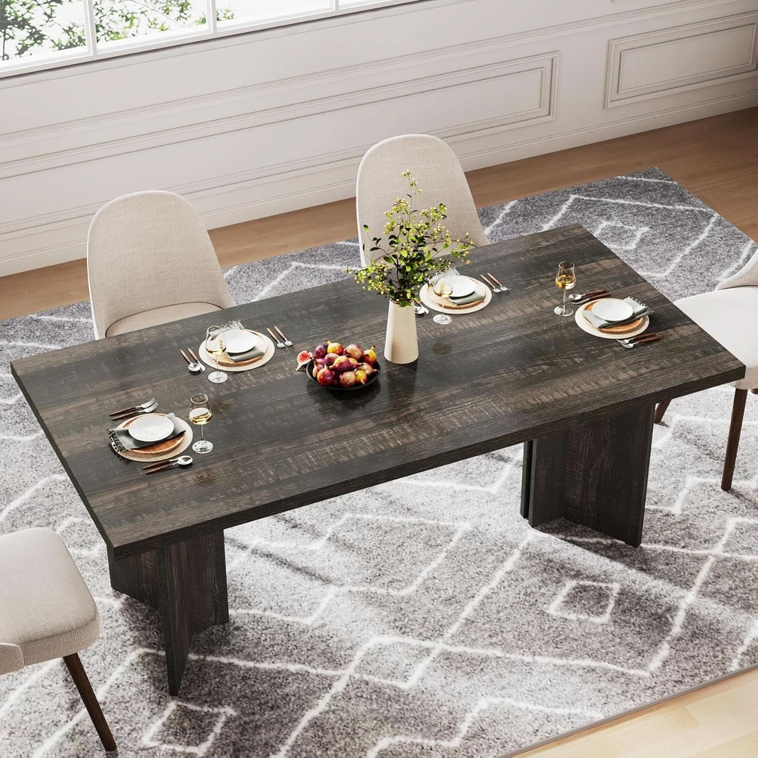 63 Inch Dark Gray Dining Table Farmhouse Rectangular