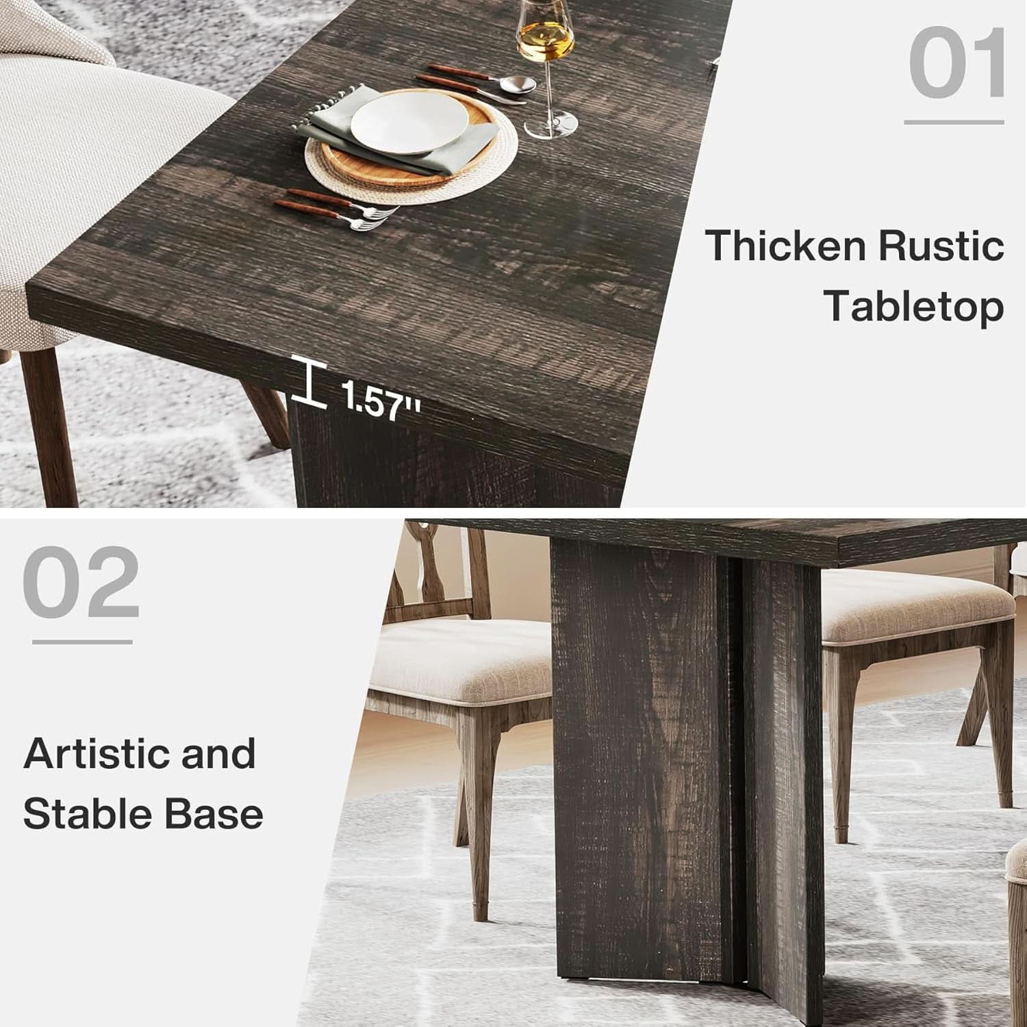 63 Inch Dark Gray Dining Table Farmhouse Rectangular