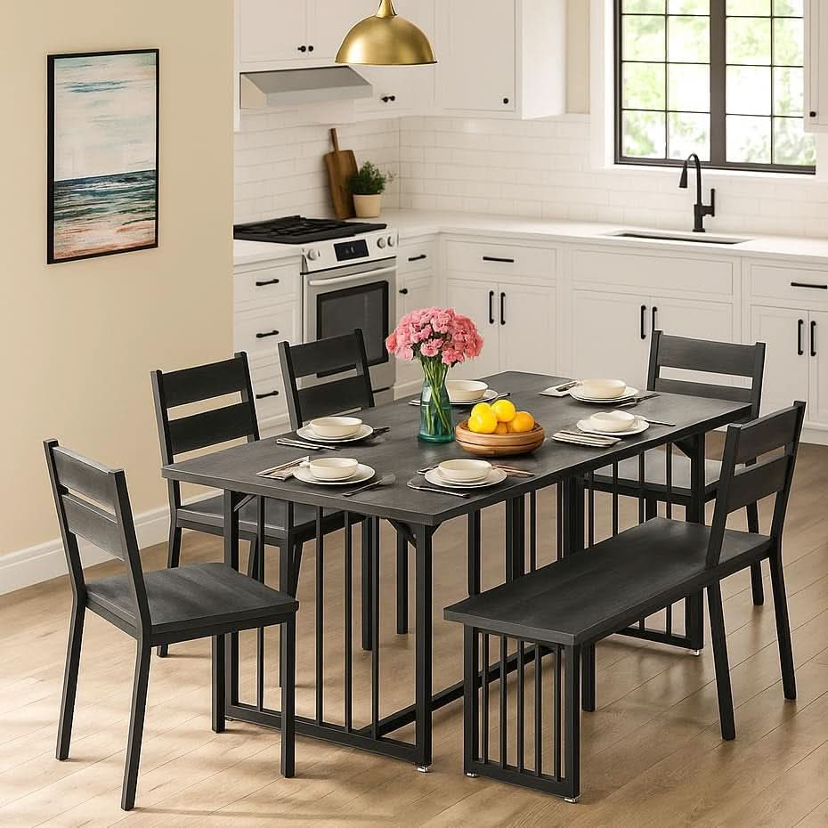 63 Inch Dark Grey Rectangular Dining Table Set Farmhouse