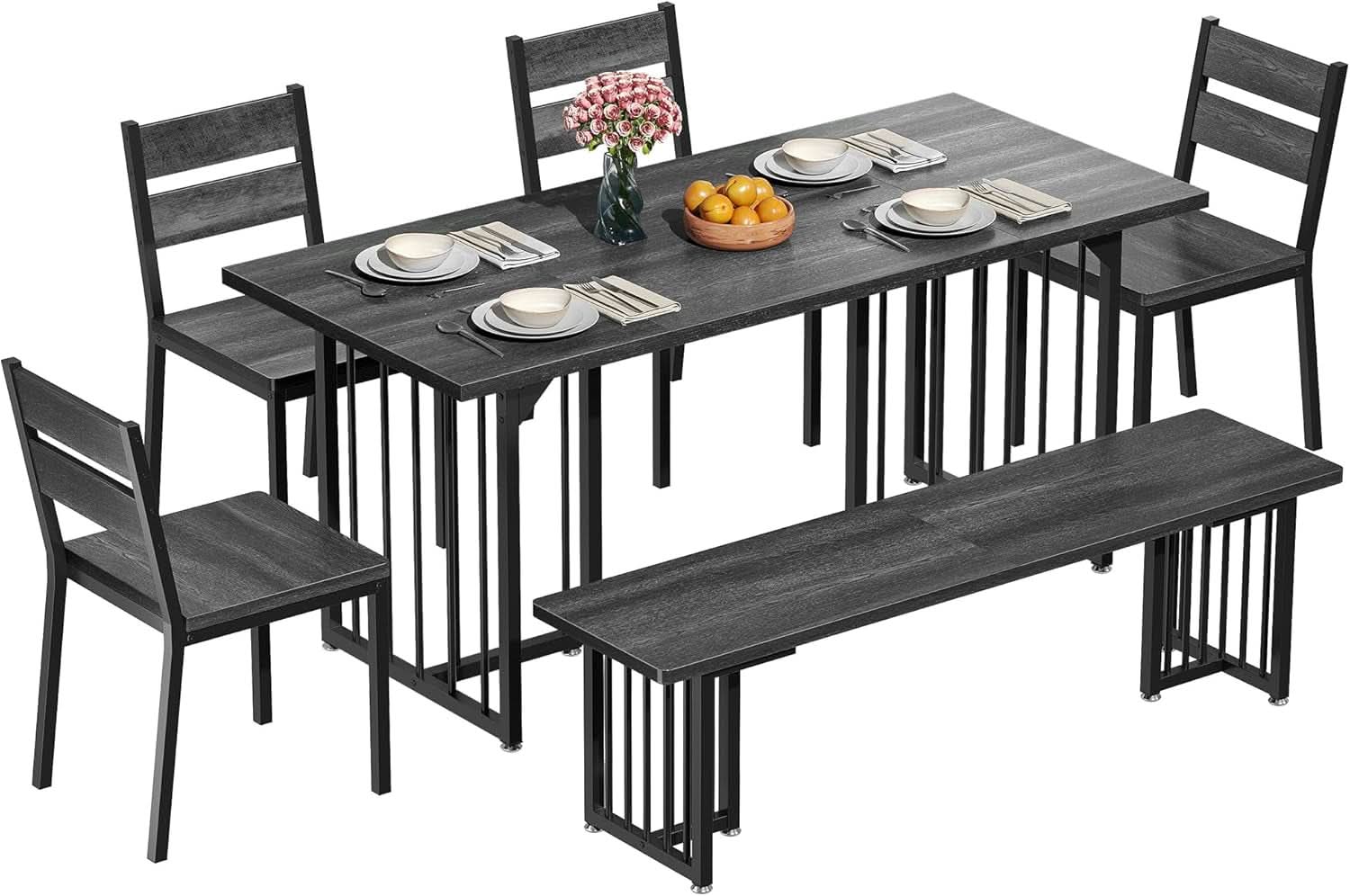 63 Inch Dark Grey Rectangular Dining Table Set Farmhouse