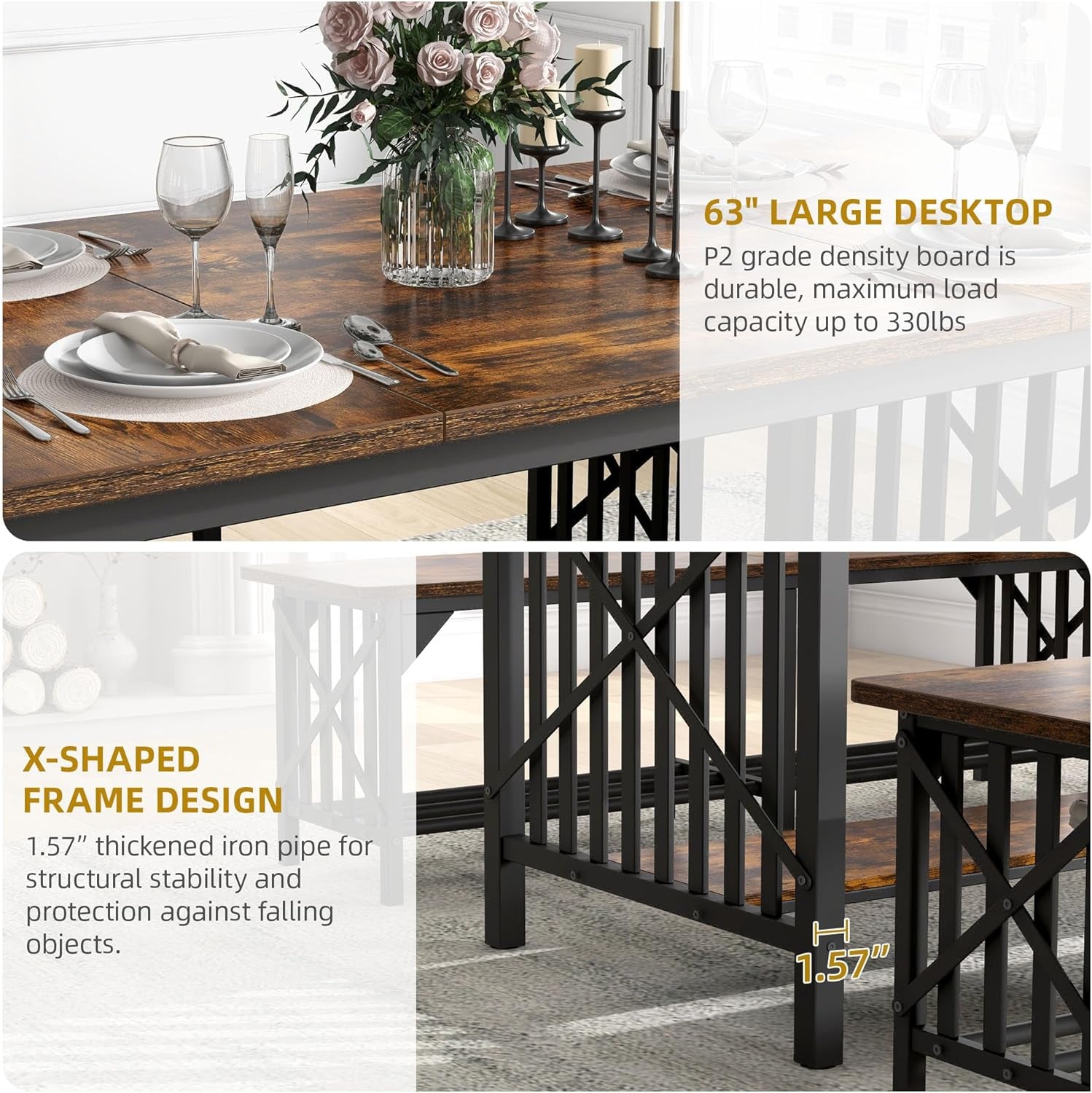63 Inch Dining Table Set For 4 To 6 With Storage Benches