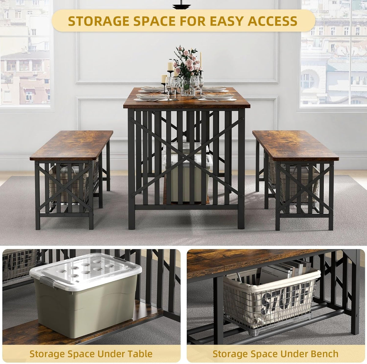 63 Inch Dining Table Set For 4 To 6 With Storage Benches