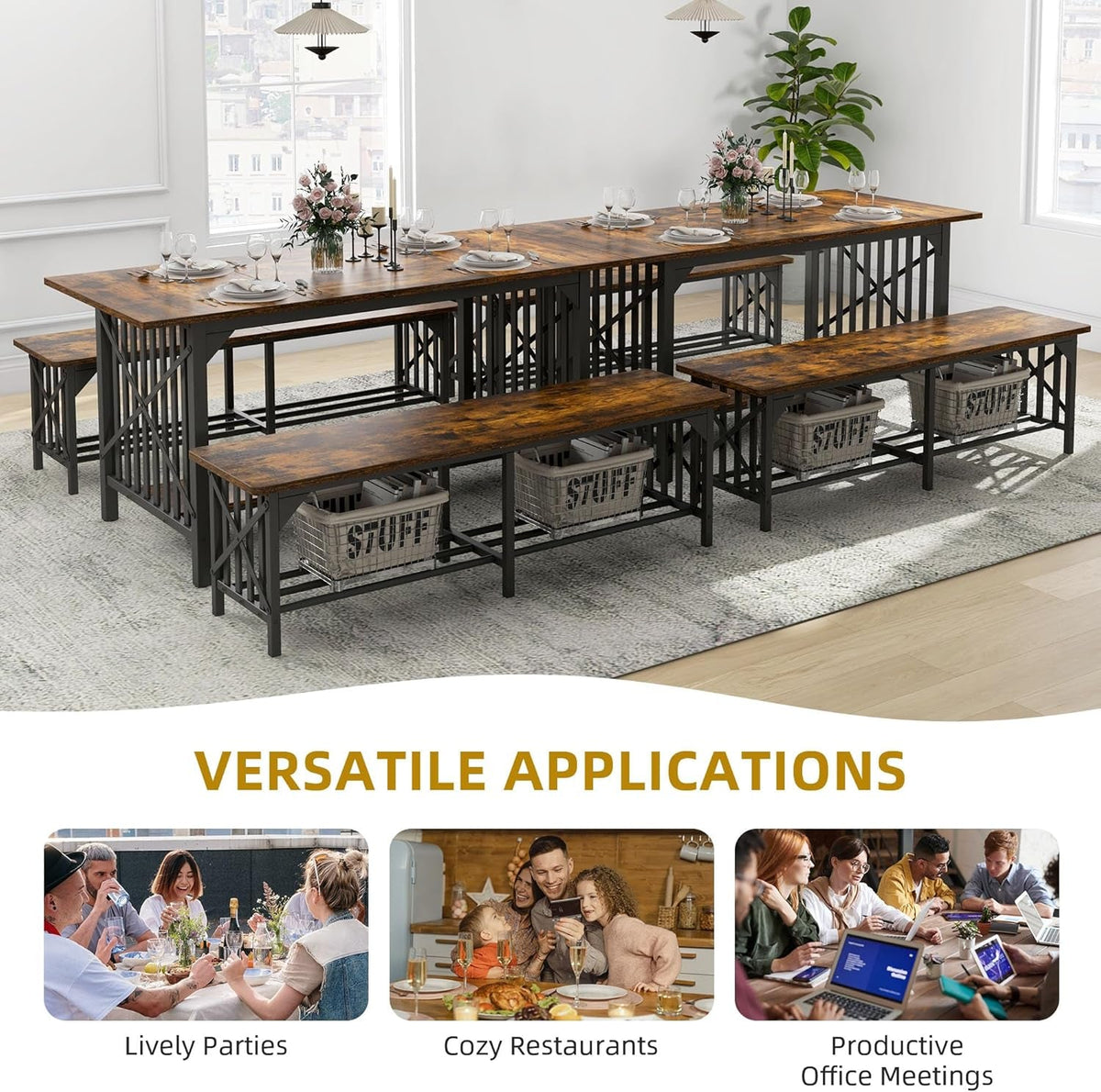 63 Inch Dining Table Set For 4 To 6 With Storage Benches
