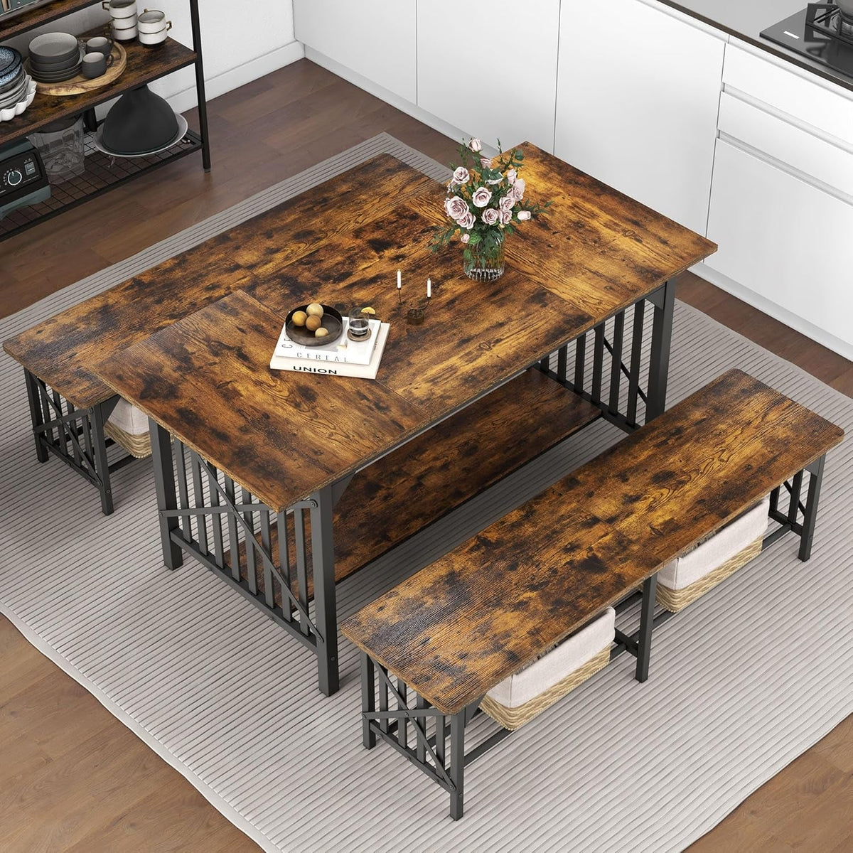 63 Inch Dining Table Set For 4 To 6 With Storage Benches