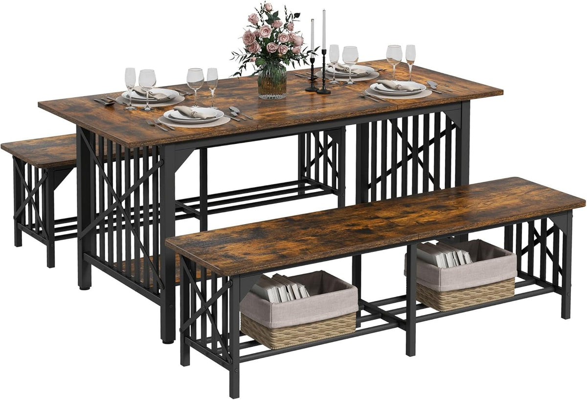 63 Inch Dining Table Set For 4 To 6 With Storage Benches