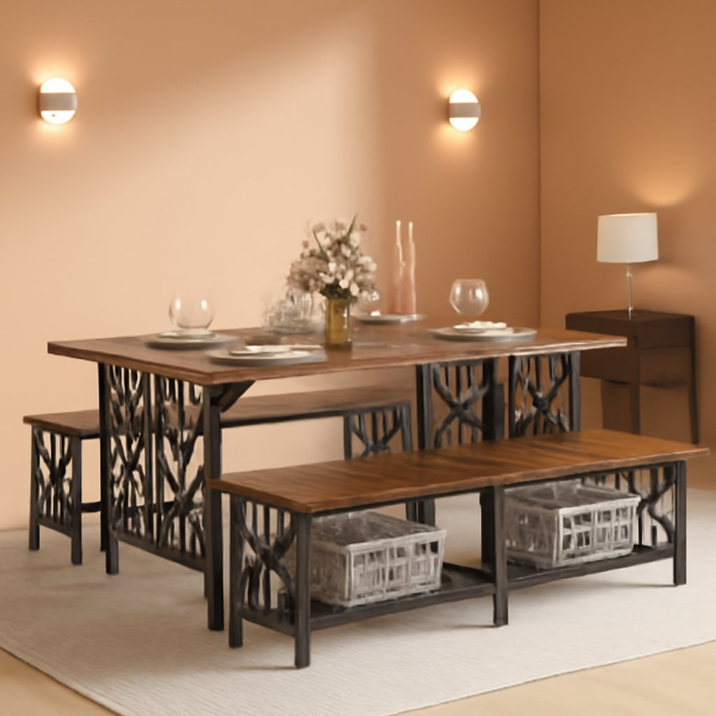 63 Inch Dining Table Set For 4 To 6 With Storage Benches