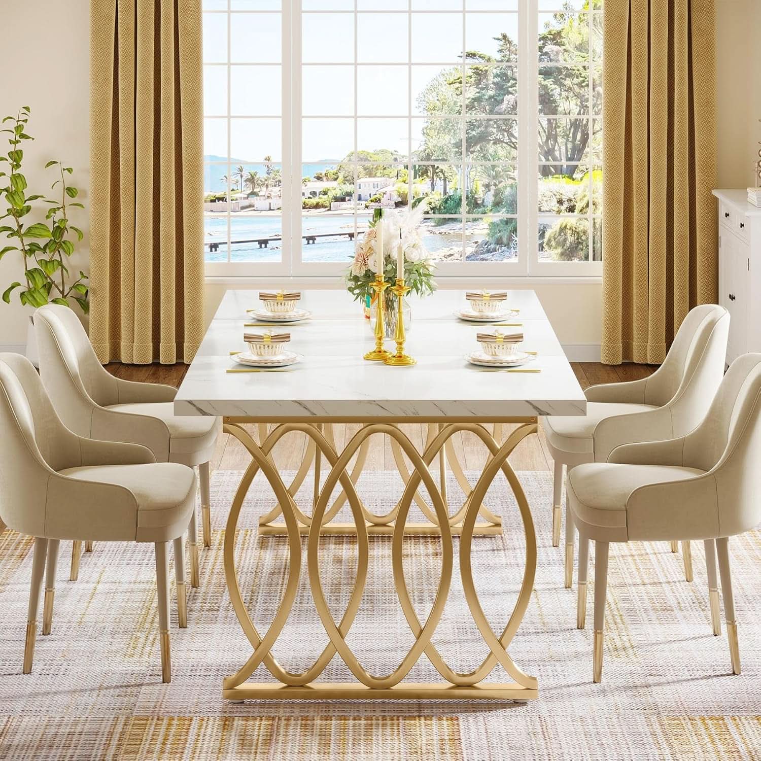 63 Inch Dining Table With Faux Marble Top For Kitchen And Dining Room