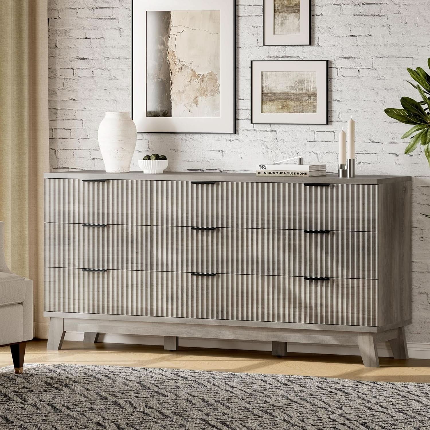 63 Inch Dresser Charcoal Grey Finish With Wave Fluted Panel And 9 Drawers