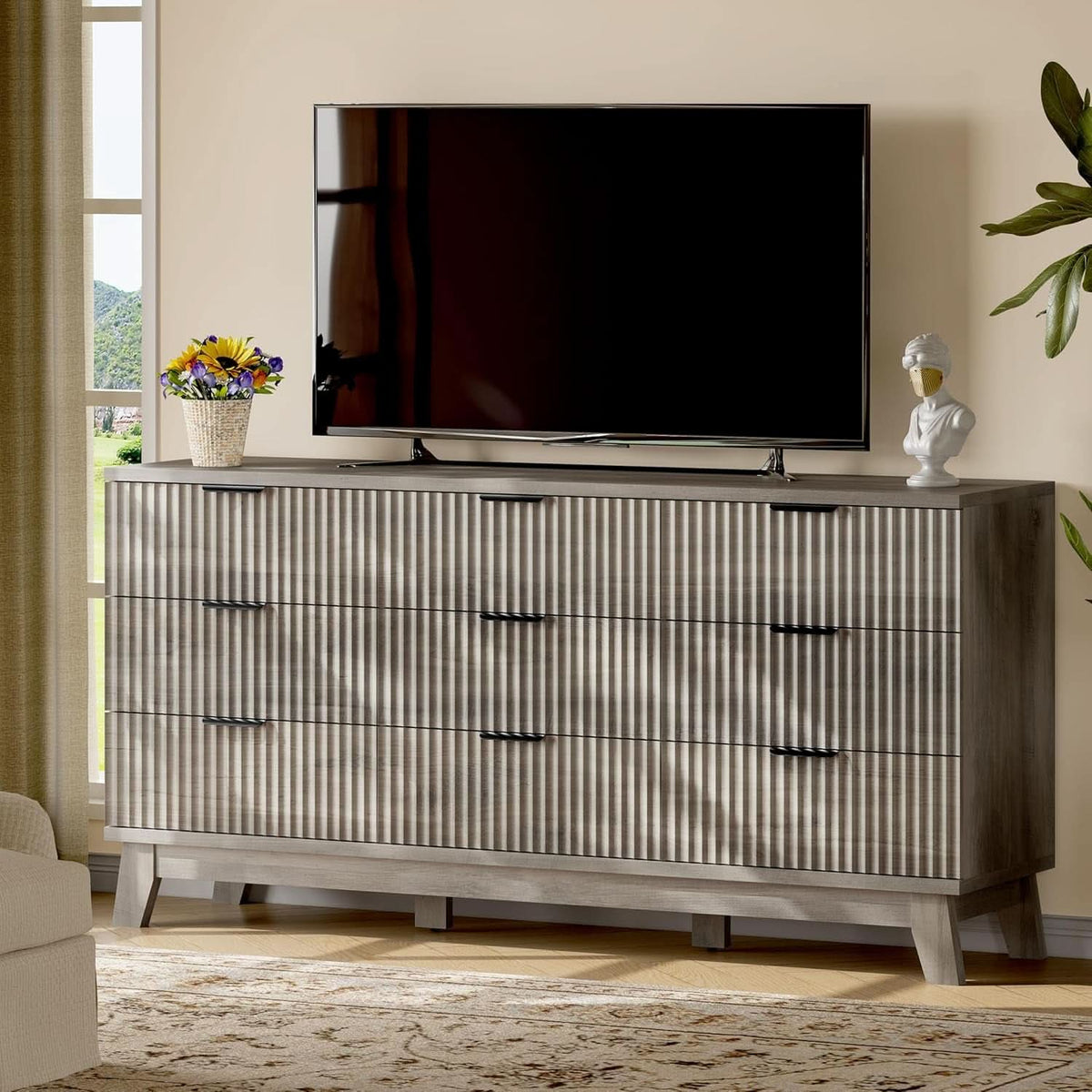 63 Inch Dresser Charcoal Grey Finish With Wave Fluted Panel And 9 Drawers