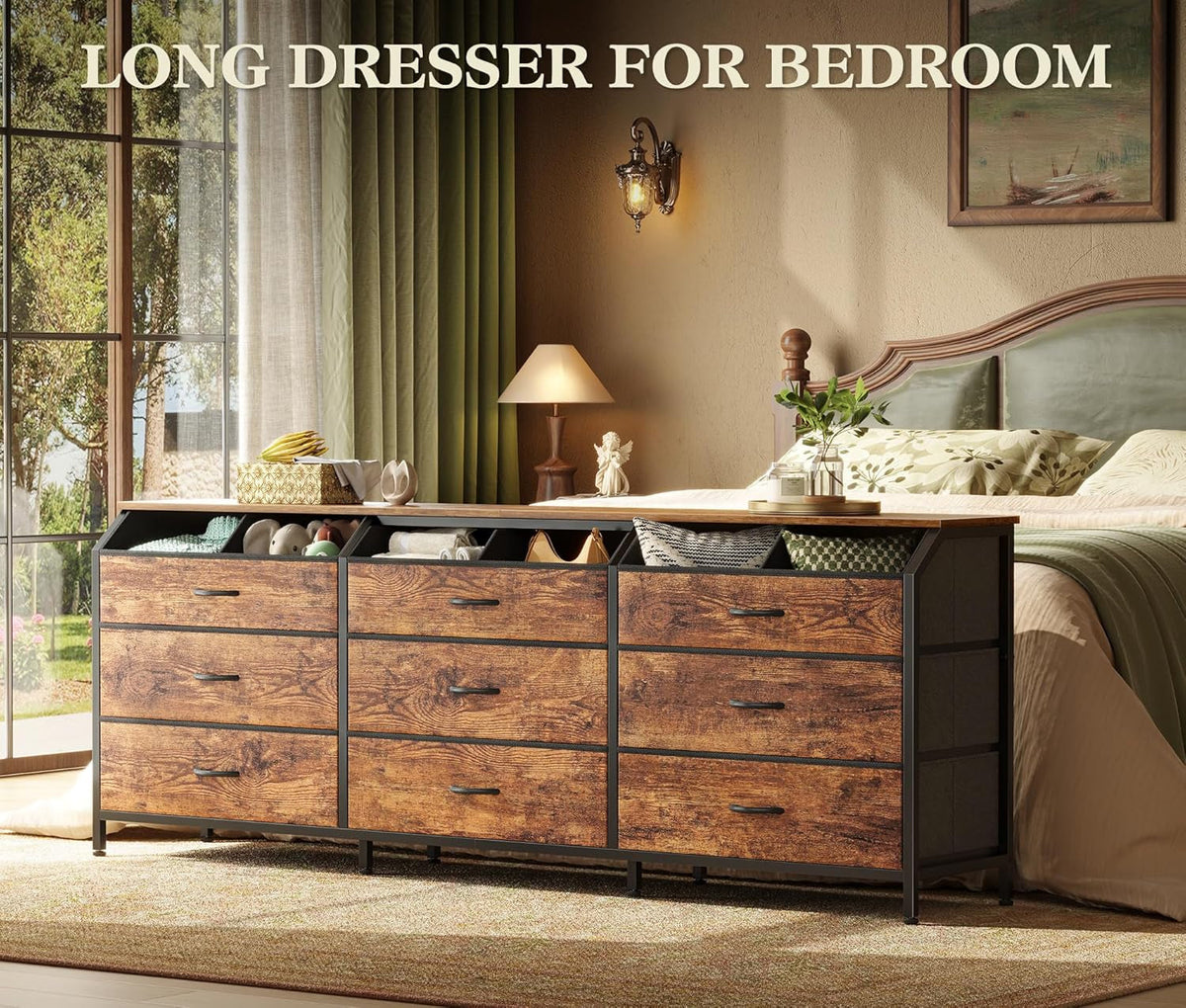 63 Inch Dresser Vintage Rustic Brown Finish With 9 Drawers