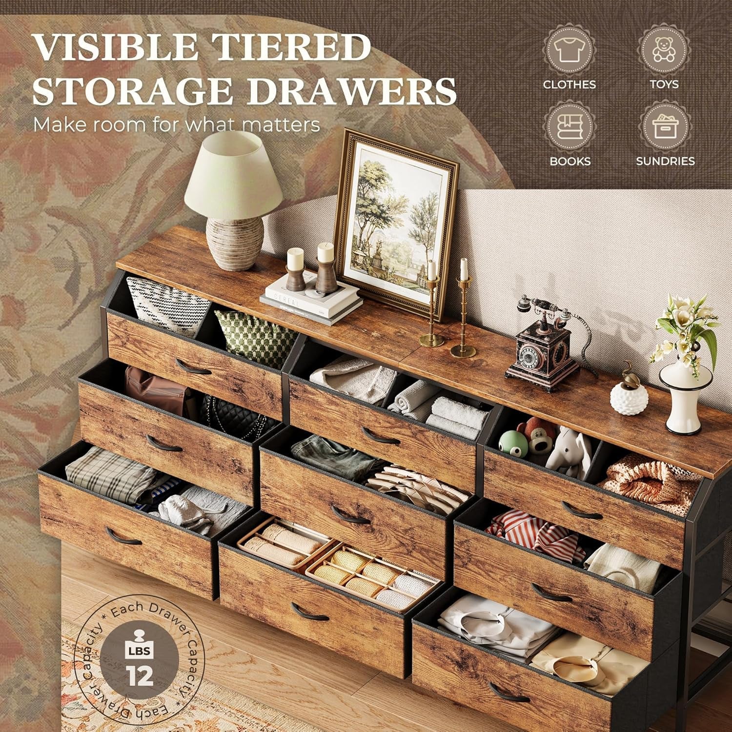 63 Inch Dresser Vintage Rustic Brown Finish With 9 Drawers