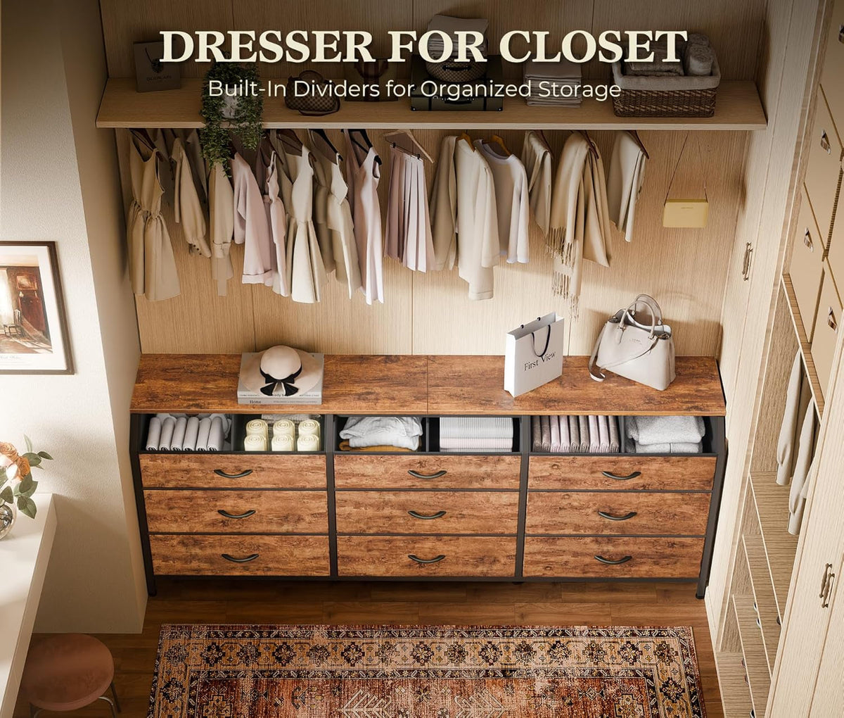 63 Inch Dresser Vintage Rustic Brown Finish With 9 Drawers