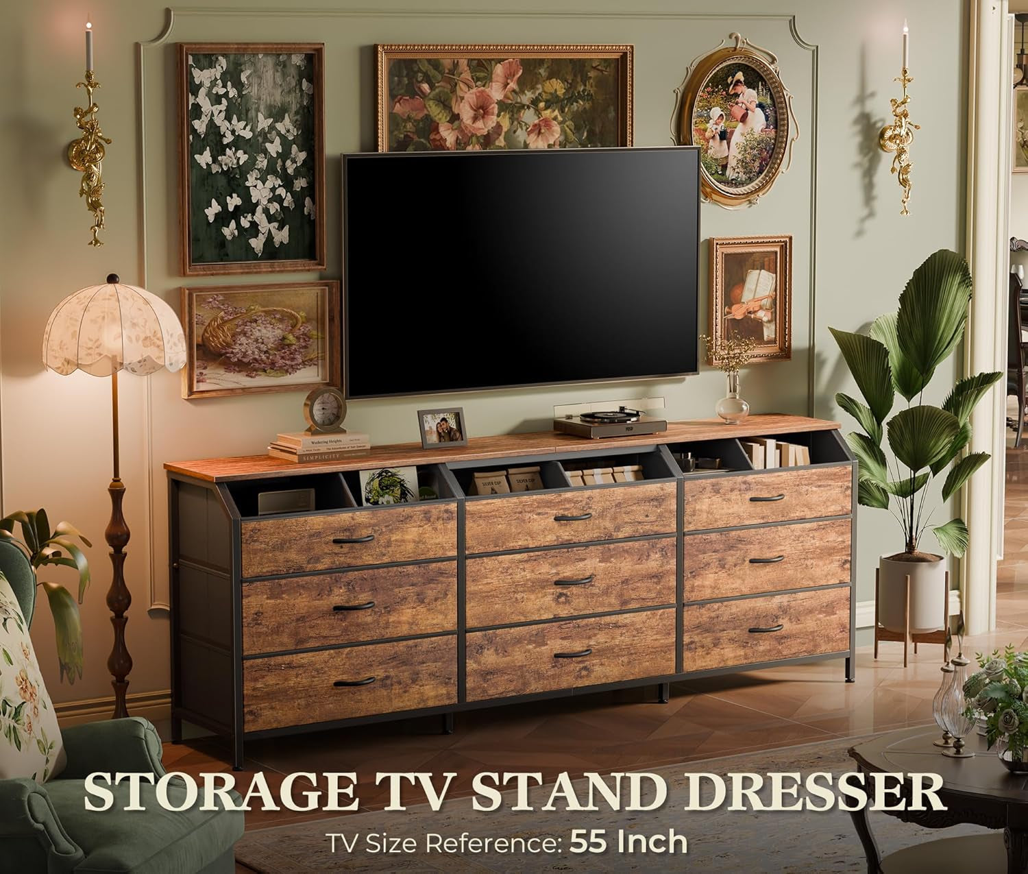 63 Inch Dresser Vintage Rustic Brown Finish With 9 Drawers