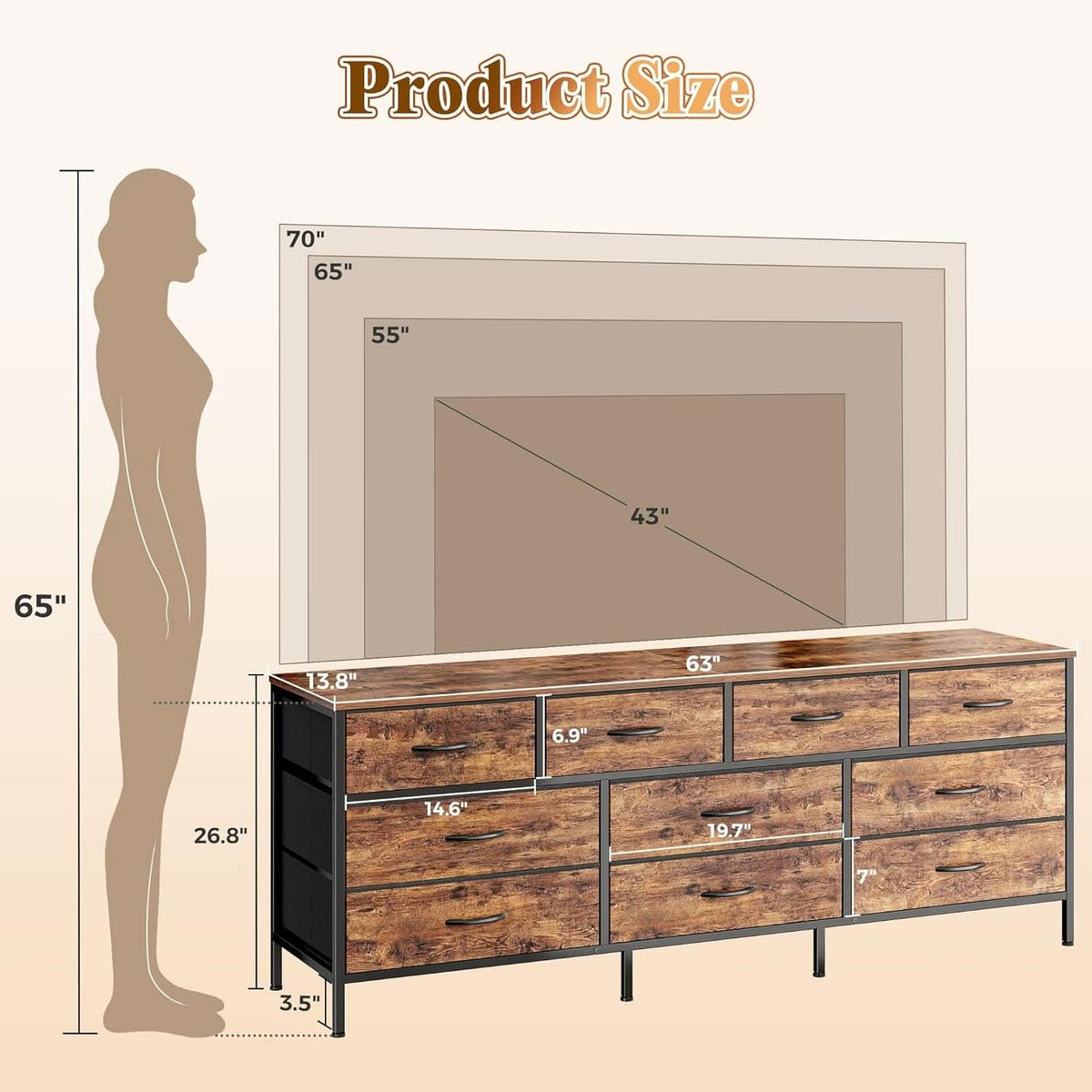 63 Inch Dresser With Durable Fabric Drawers In Rustic Brown