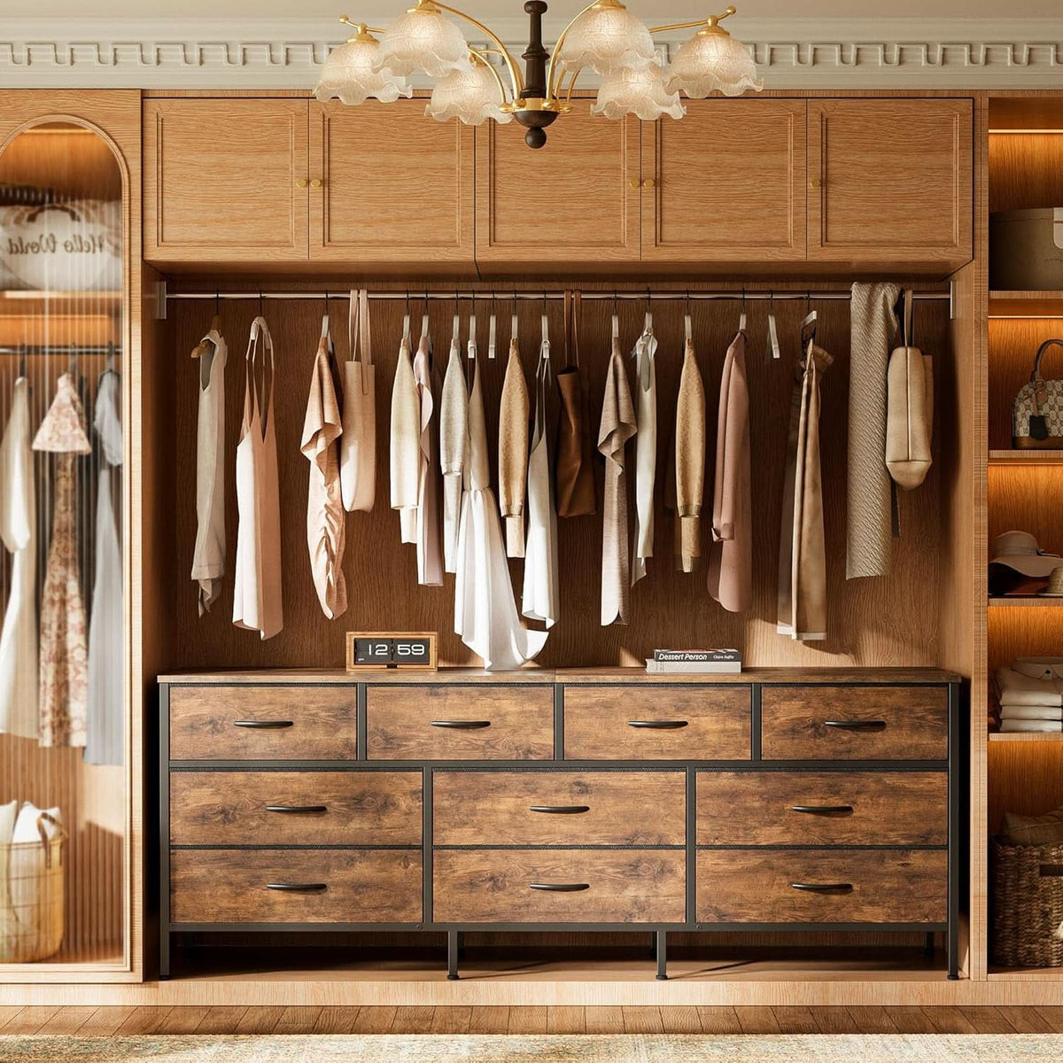 63 Inch Dresser With Durable Fabric Drawers In Rustic Brown