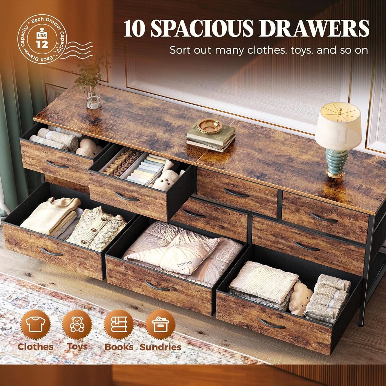 63 Inch Dresser With Durable Fabric Drawers In Rustic Brown