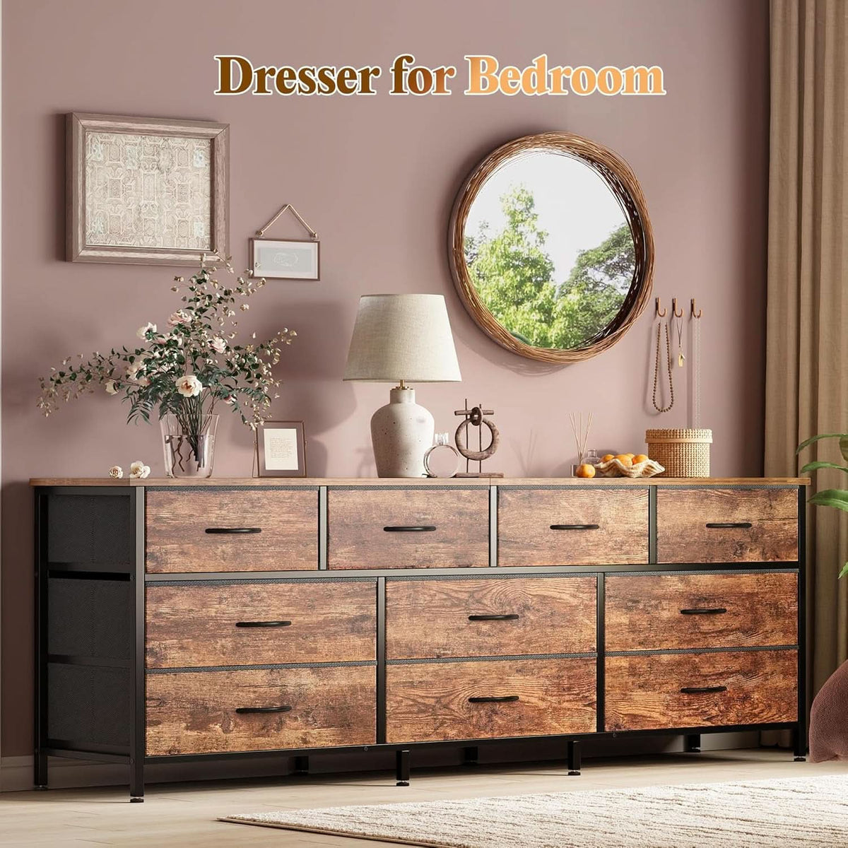 63 Inch Dresser With Durable Fabric Drawers In Rustic Brown