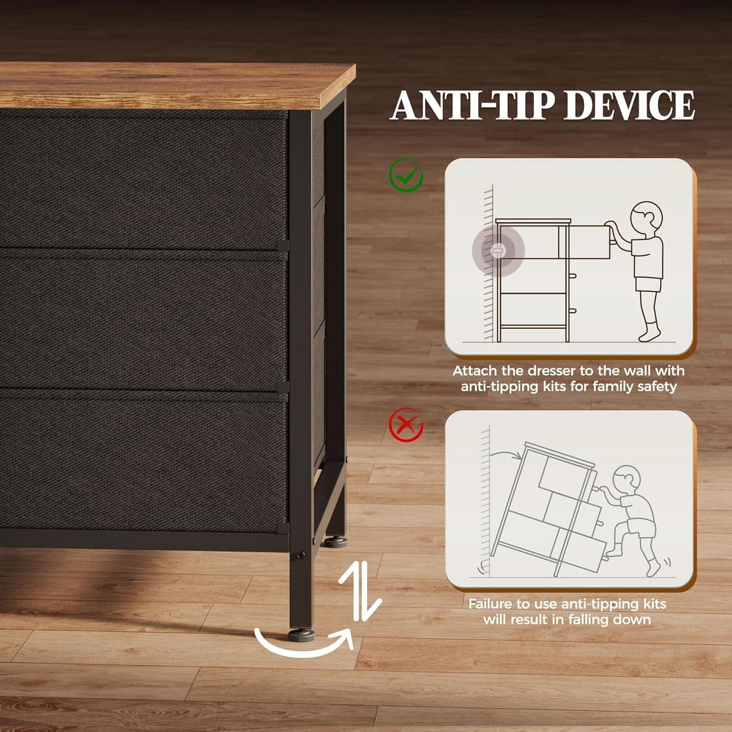 63 Inch Dresser With Durable Fabric Drawers In Rustic Brown