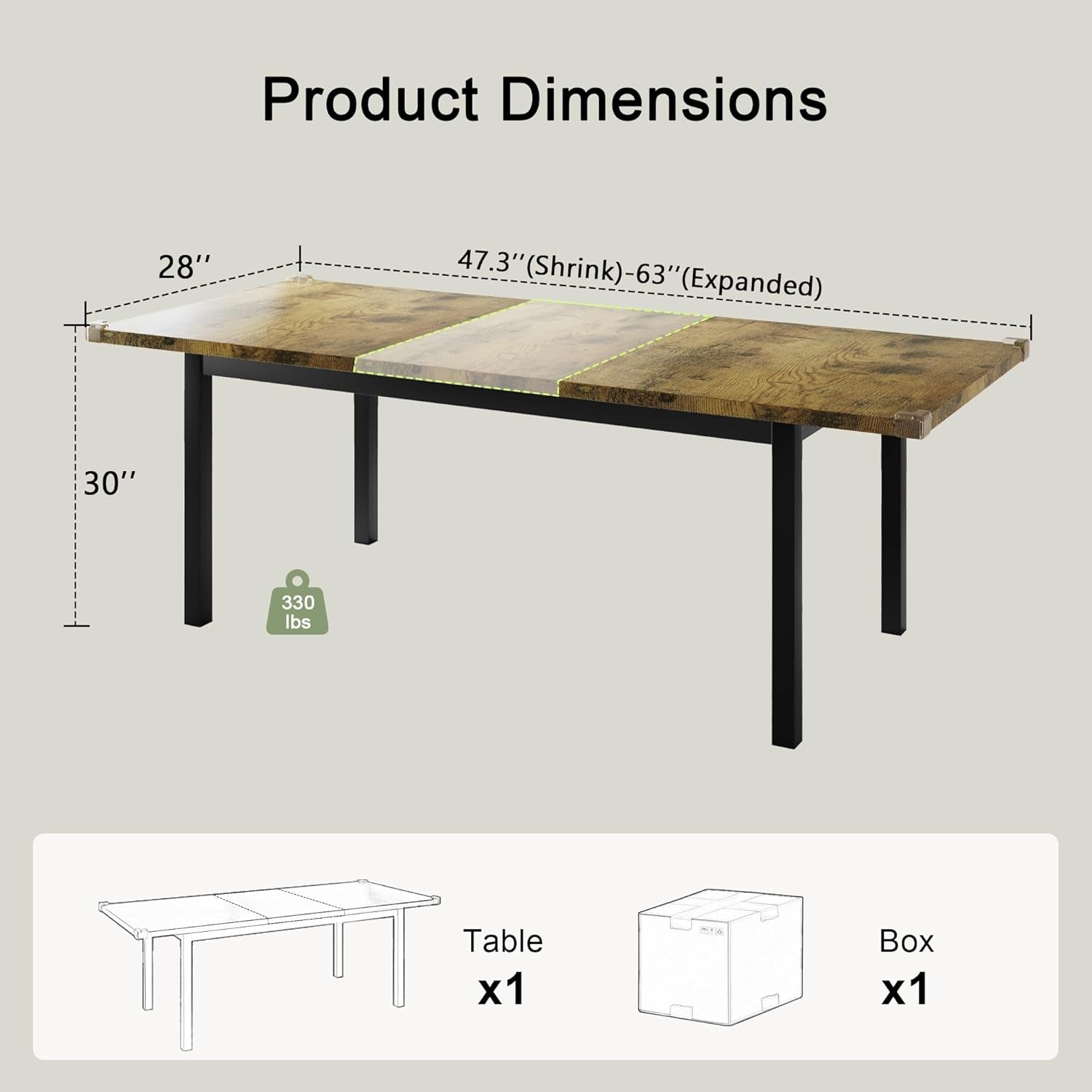 63 Inch Extendable Dining Table Rustic Brown For 4-8