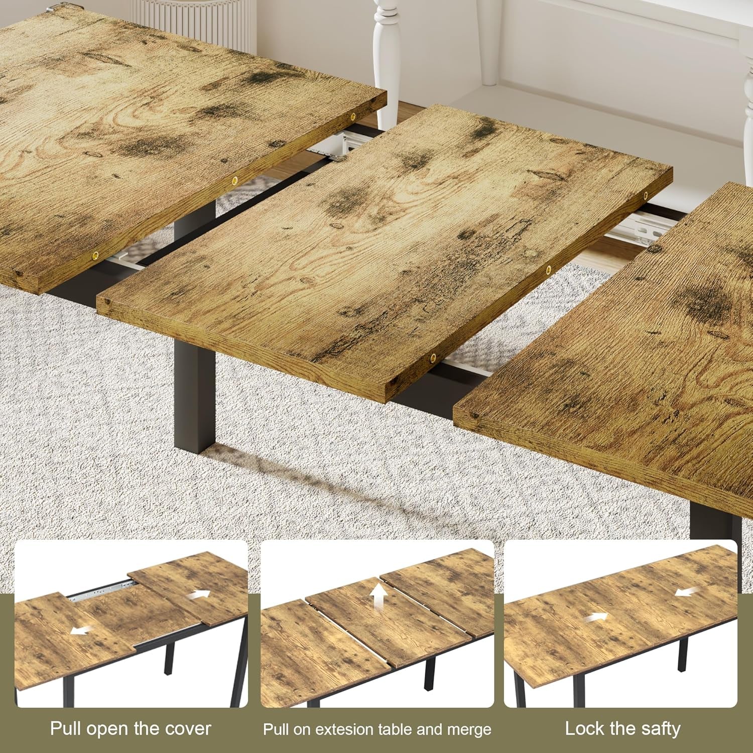 63 Inch Extendable Dining Table Rustic Brown For 4-8