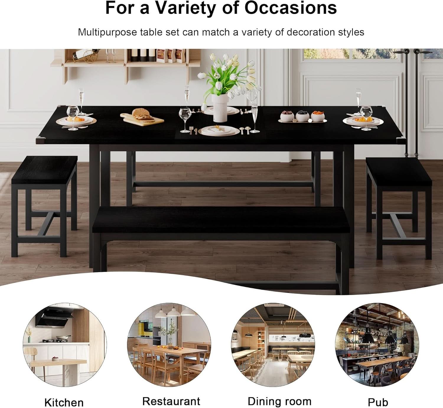 63 Inch Extendable Dining Table Set Black For 4 To 8
