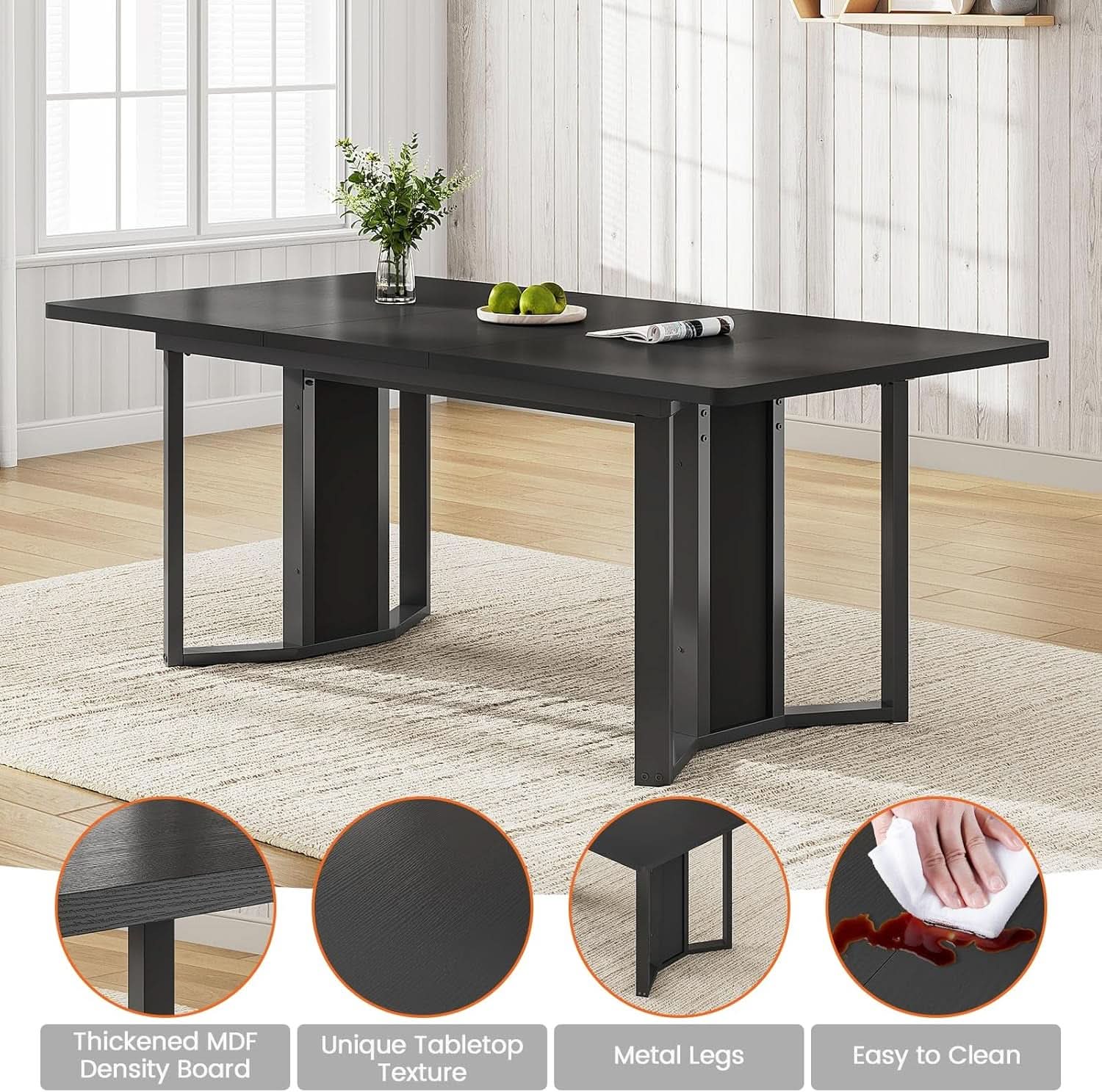 63 Inch Extendable MDF Board Dining Table Set Black Finish