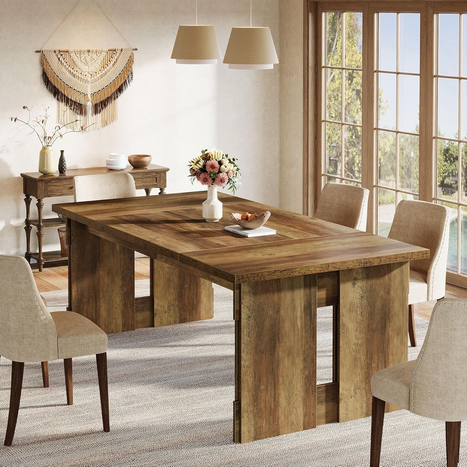 63 Inch Farmhouse Dining Table Brown Seats Four To Six