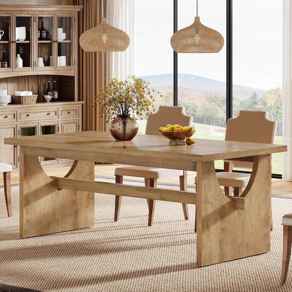 63 Inch Farmhouse Dining Table Rustic Brown Seats 4 To 6