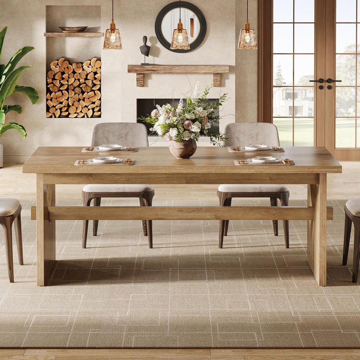 63 Inch Farmhouse Dining Table Rustic Brown Seats 4 To 6