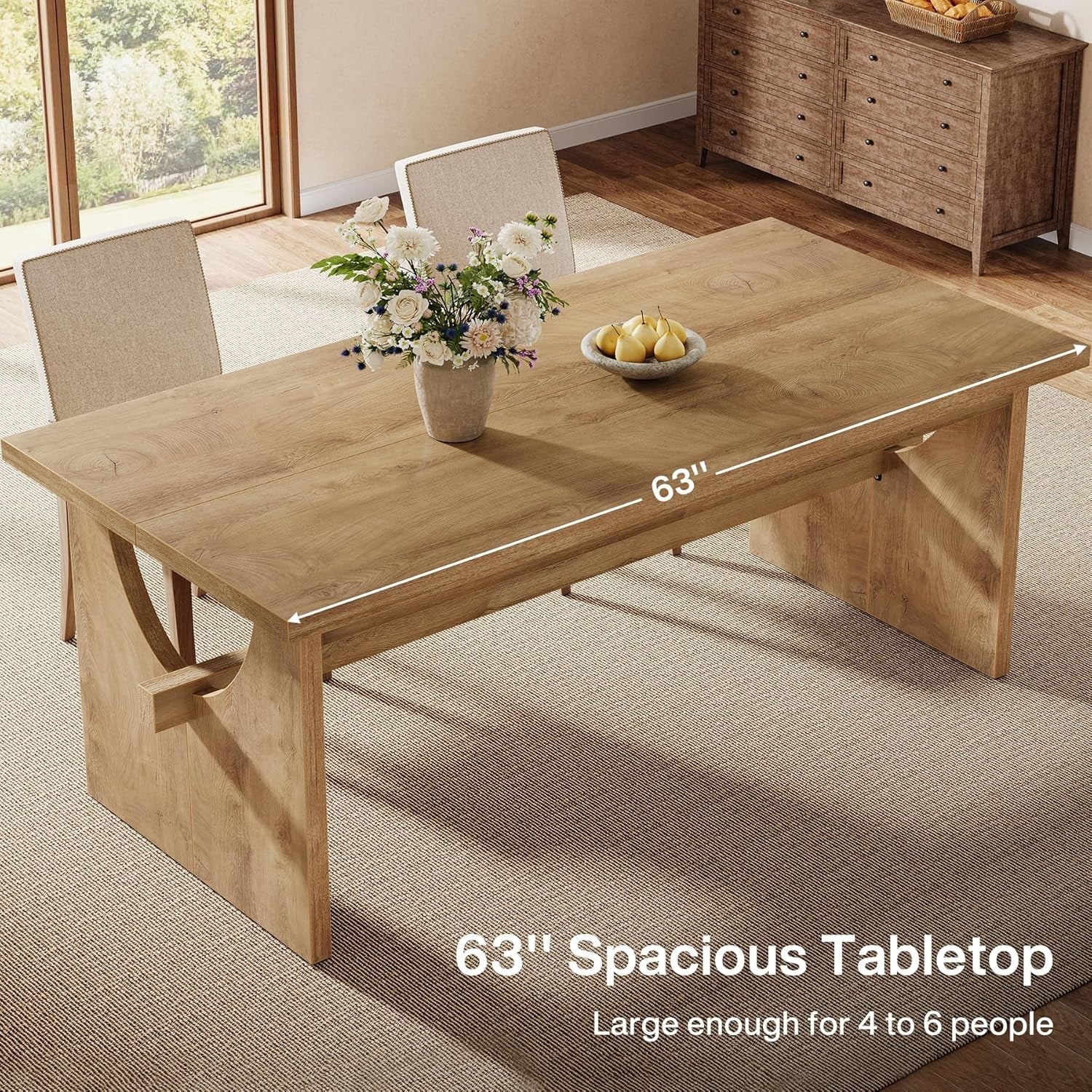 63 Inch Farmhouse Dining Table Rustic Brown Seats 4 To 6