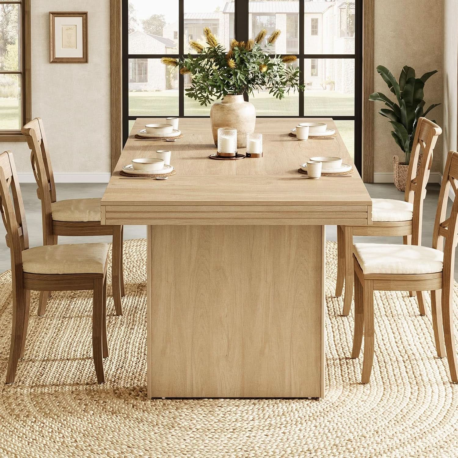63 Inch Farmhouse Dining Table Seats 6 With Fluted Lines