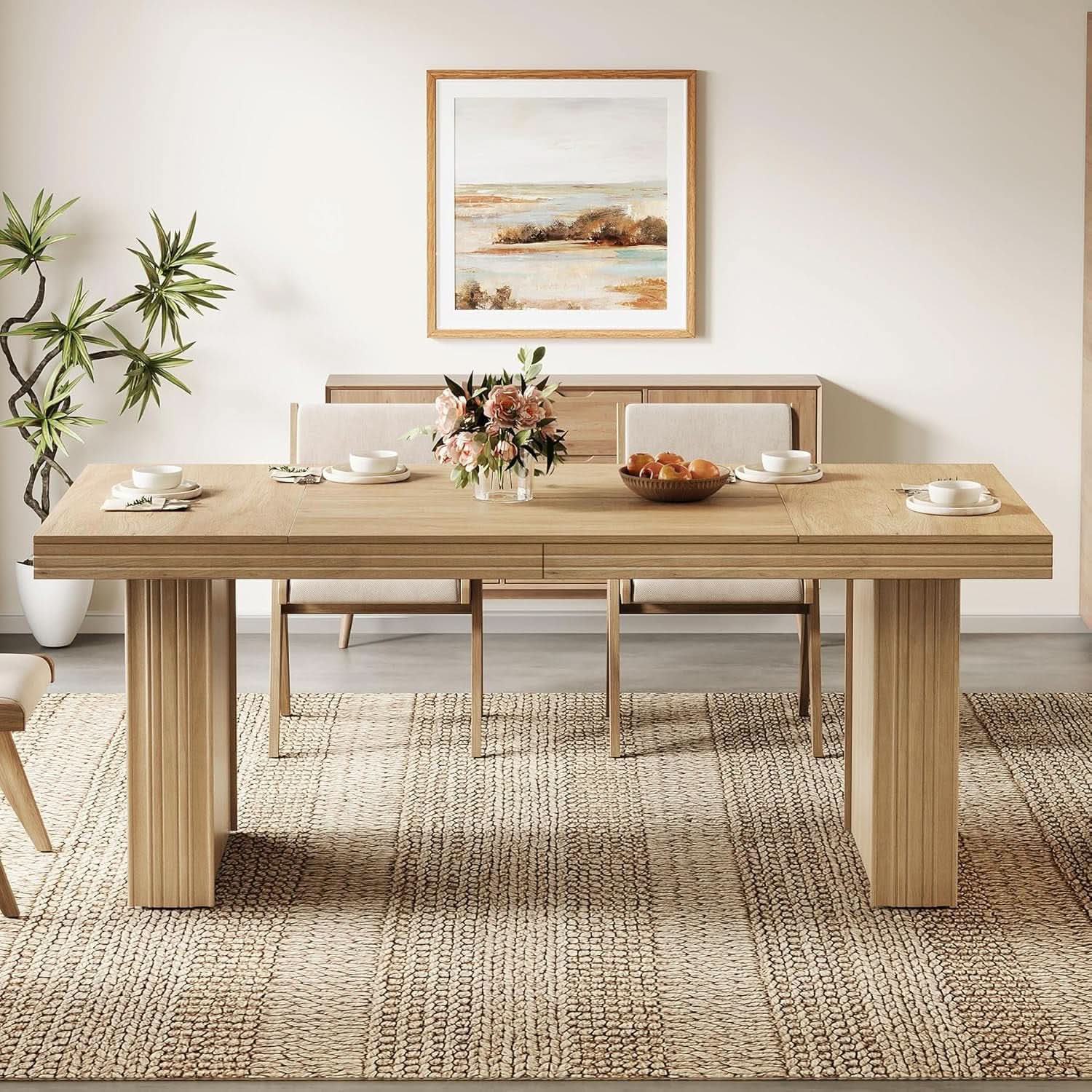 63 Inch Farmhouse Dining Table Seats 6 With Fluted Lines