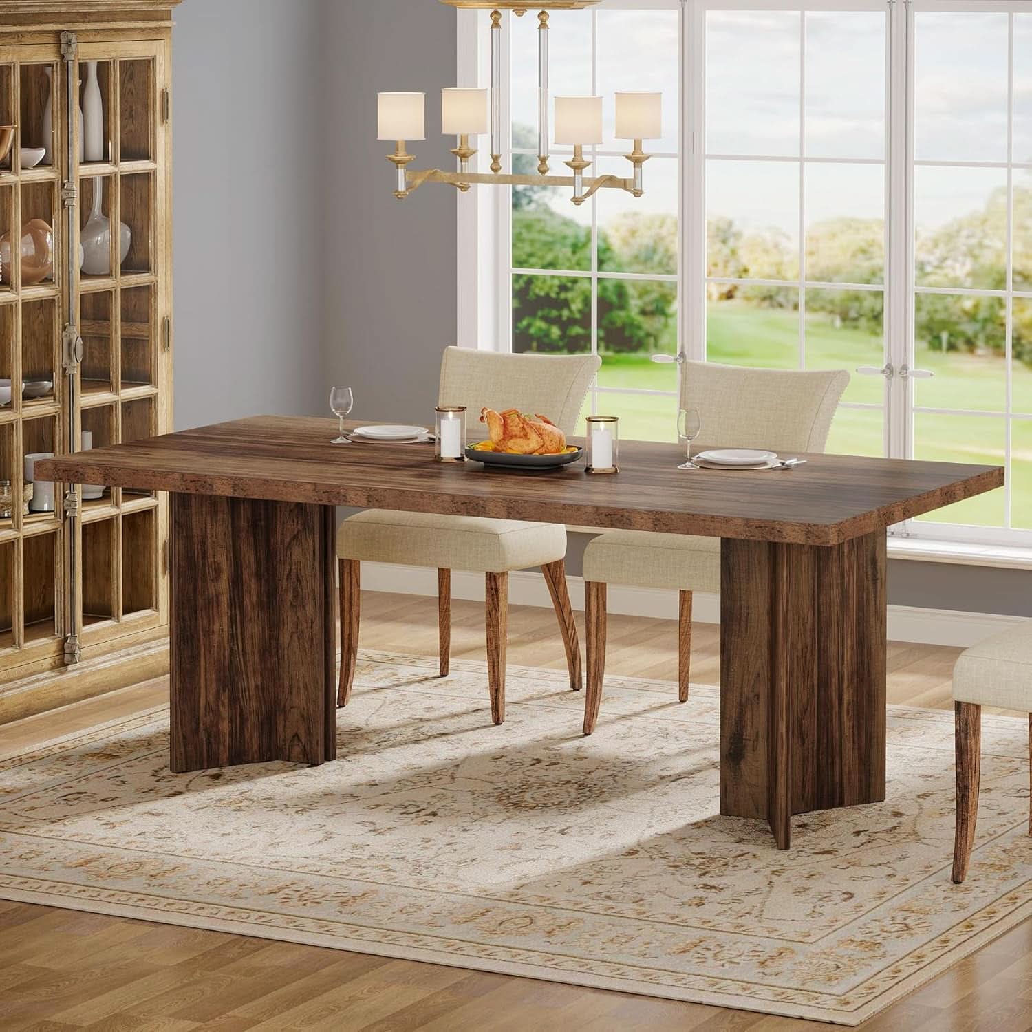 63 Inch Farmhouse Dining Table Vintage Brown Elegant