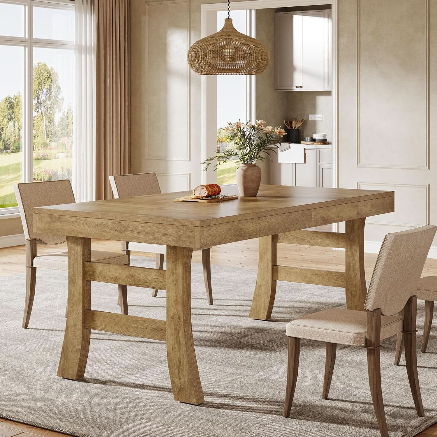 63 Inch Farmhouse Rectangular Wood Dining Table Kitchen