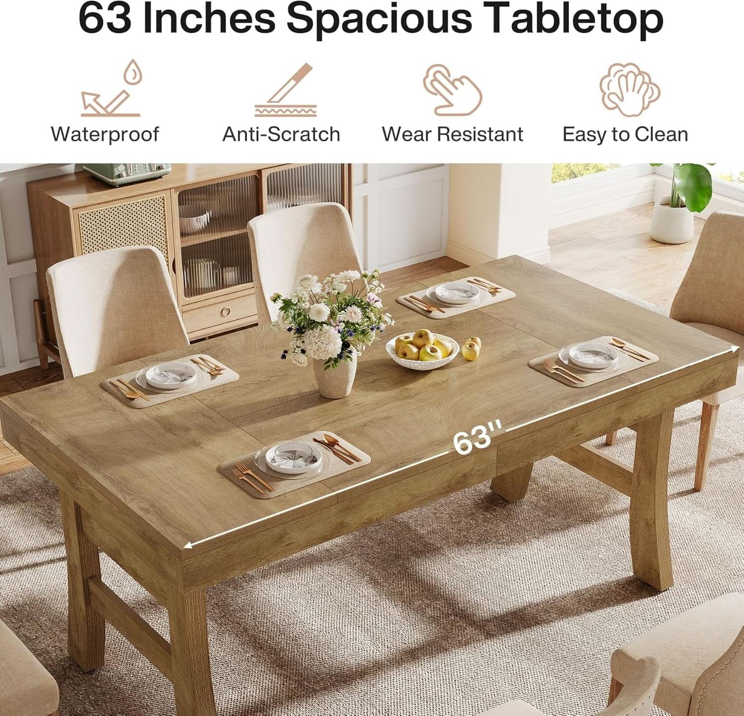 63 Inch Farmhouse Rectangular Wood Dining Table Kitchen