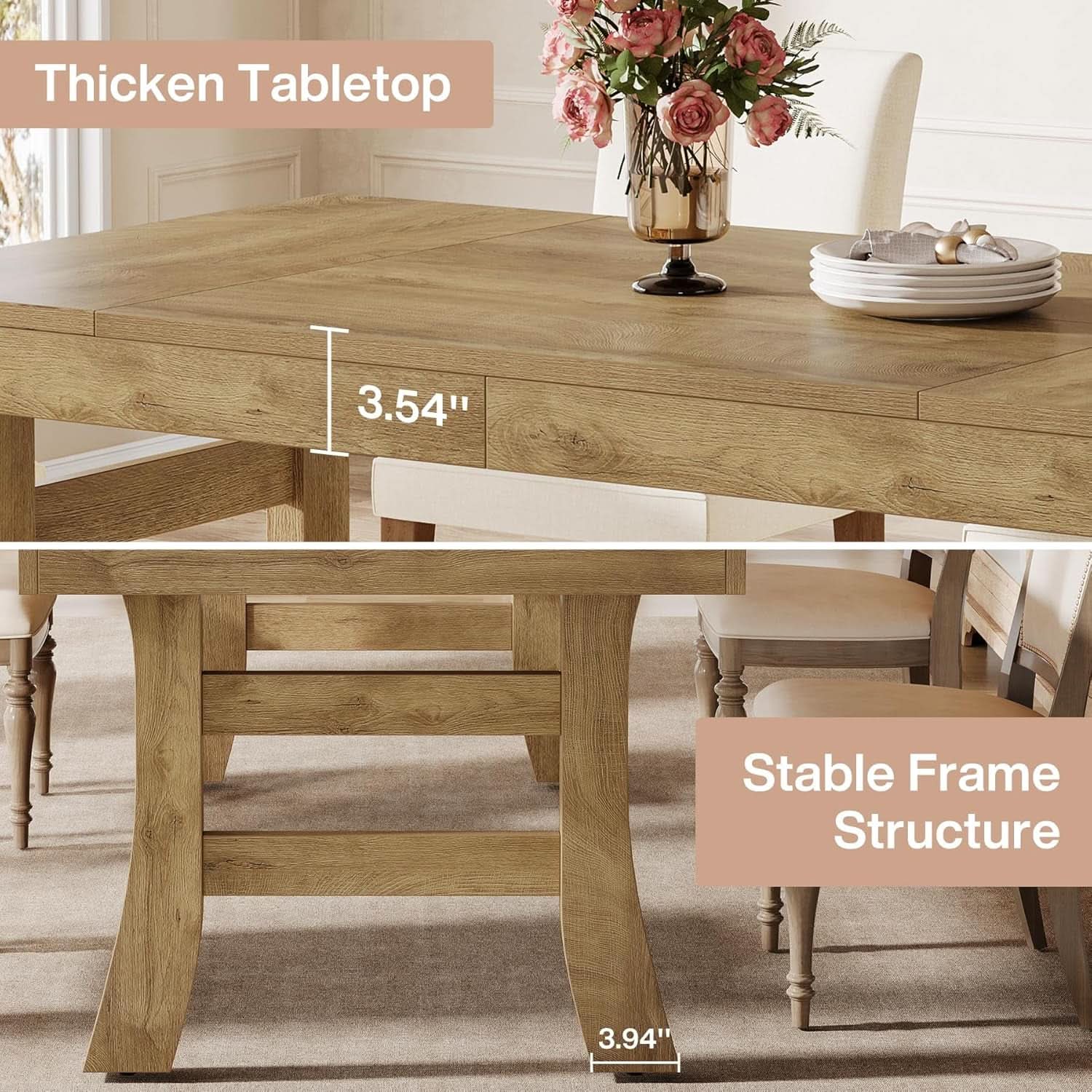 63 Inch Farmhouse Rectangular Wood Dining Table Kitchen