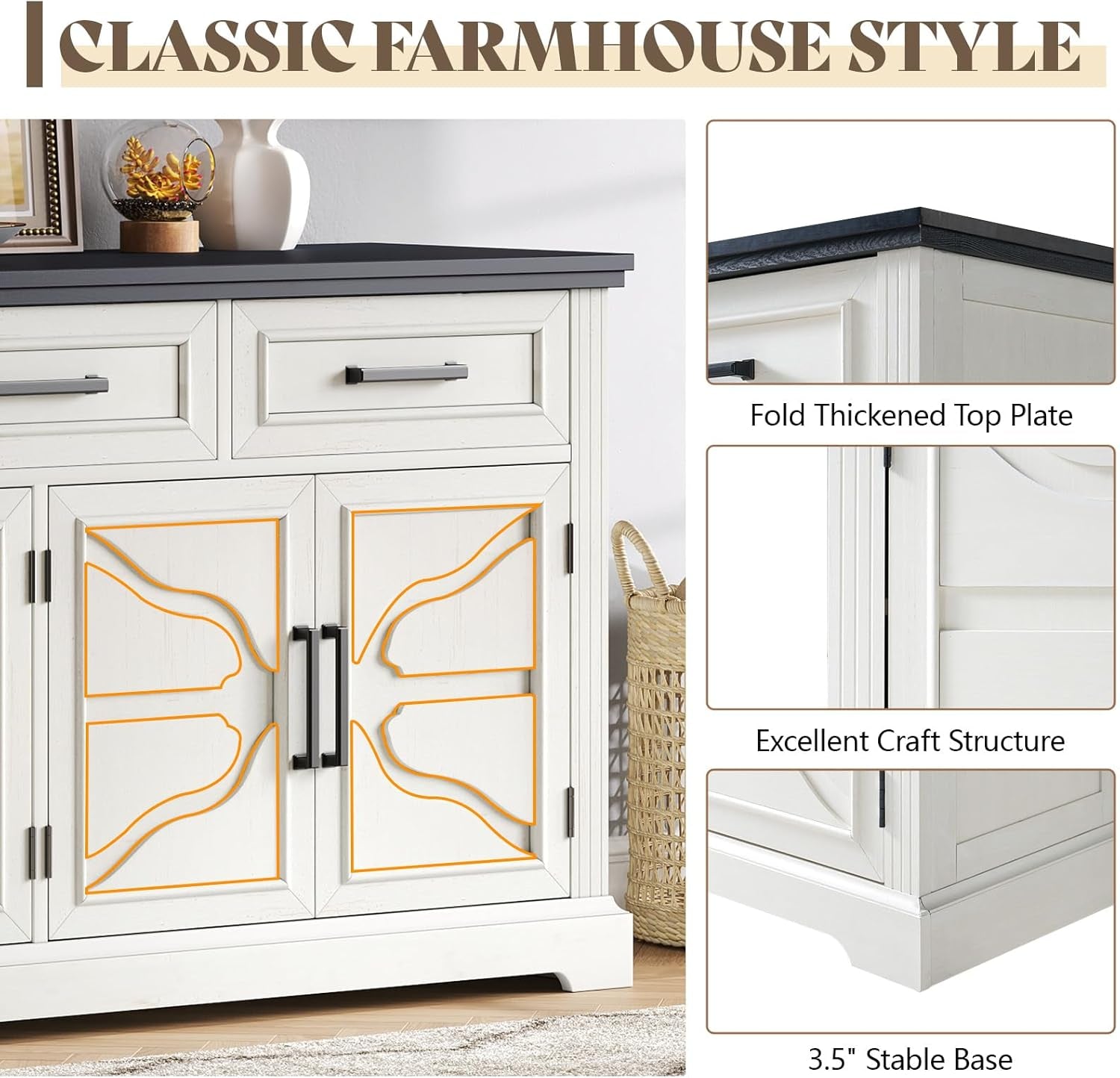 63 Inch Farmhouse White Buffet Sideboard With 3 Drawers