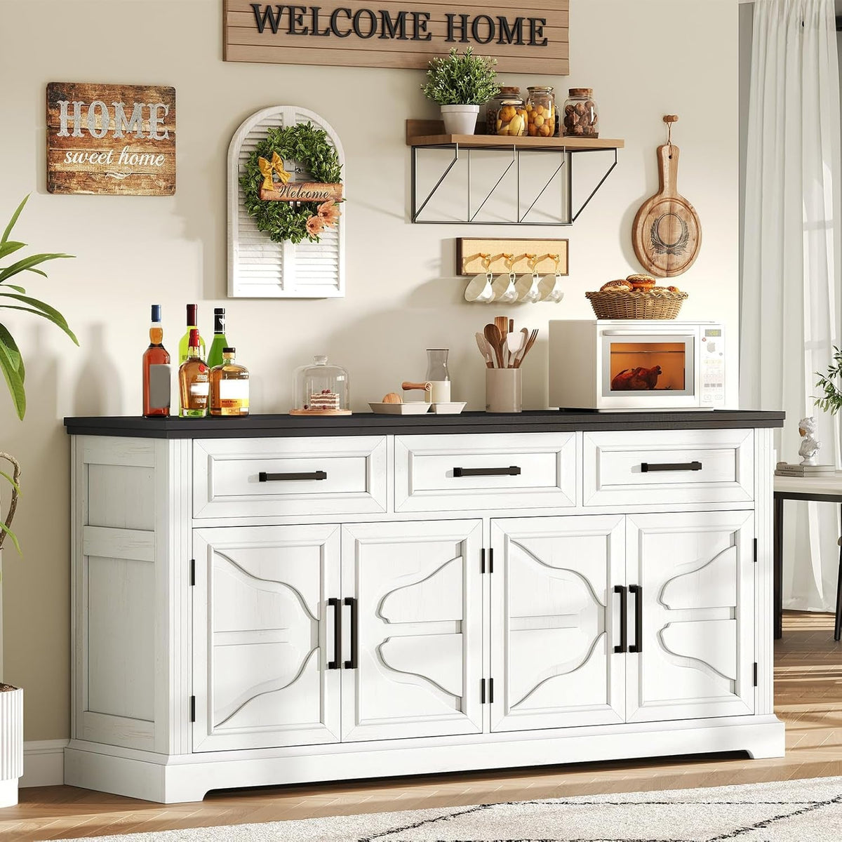 63 Inch Farmhouse White Buffet Sideboard With 3 Drawers